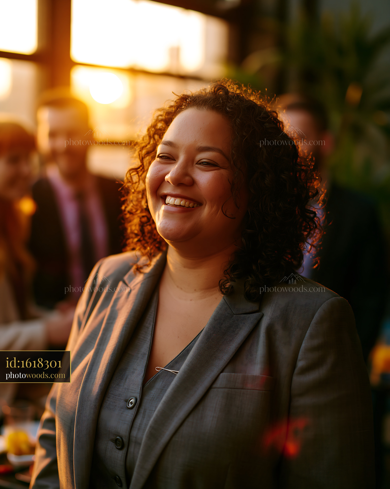Plus Size Businesswoman Smiling in Tailored Suit During Sunset