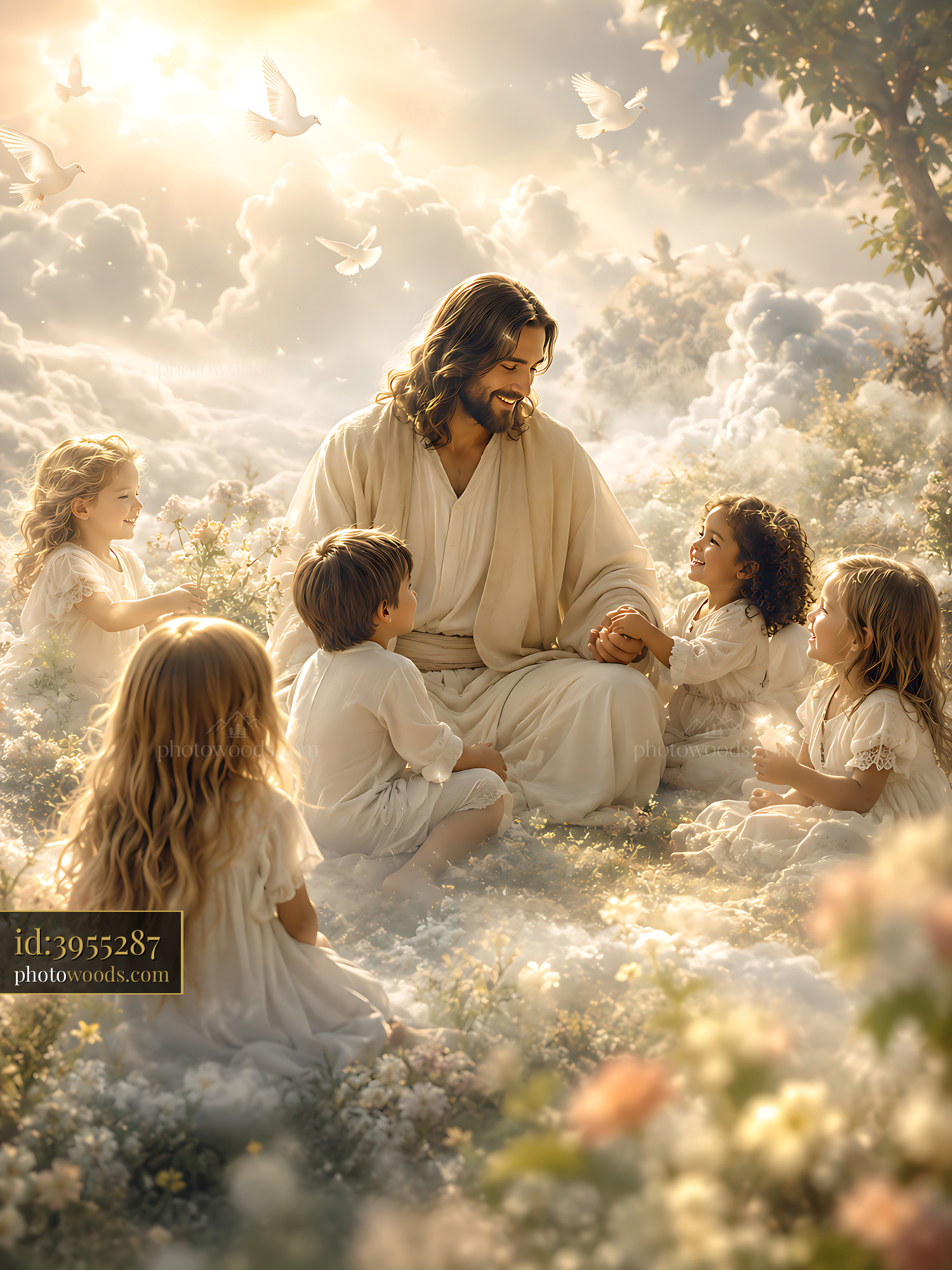 Jesus Shares Stories With Children in a Bright Cloud Setting