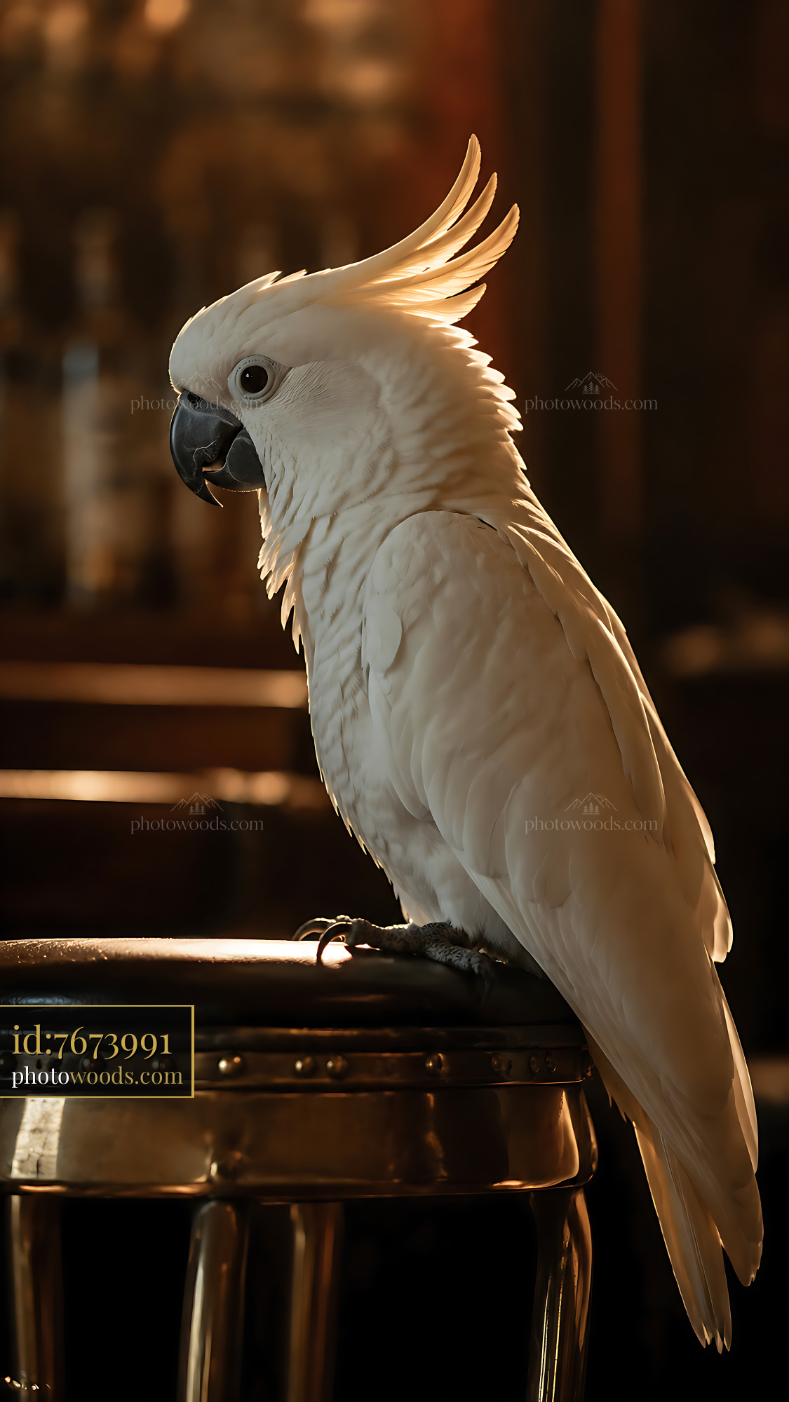 White Cockatoo Perched on Bar Stool in Low Light Setting