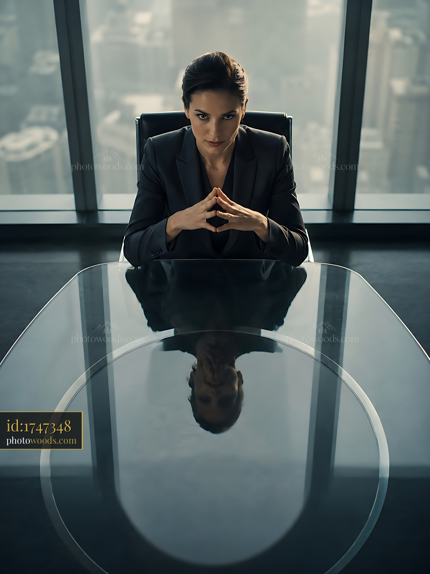 Businesswoman Sits Confidently at a Glass Table in a High-Rise Office