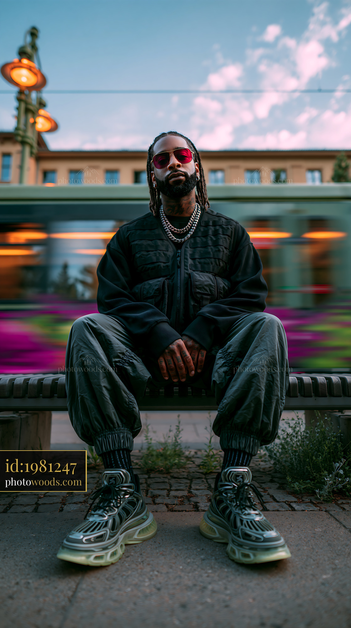 Man in Tactical Vest Sitting on a Bench Near a Busy Street