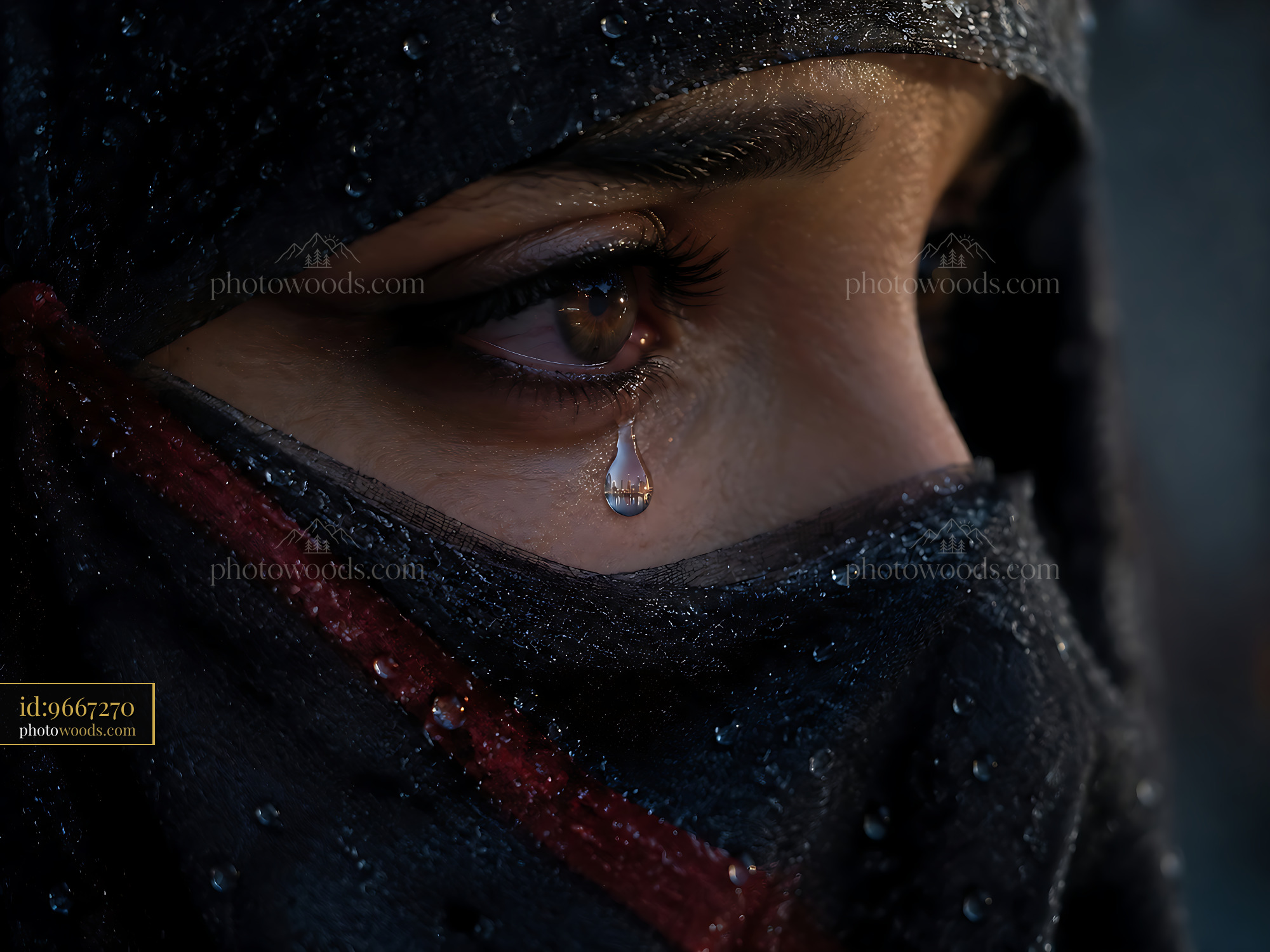 Woman With Tear on Cheek Wearing a Black Veil in Rain