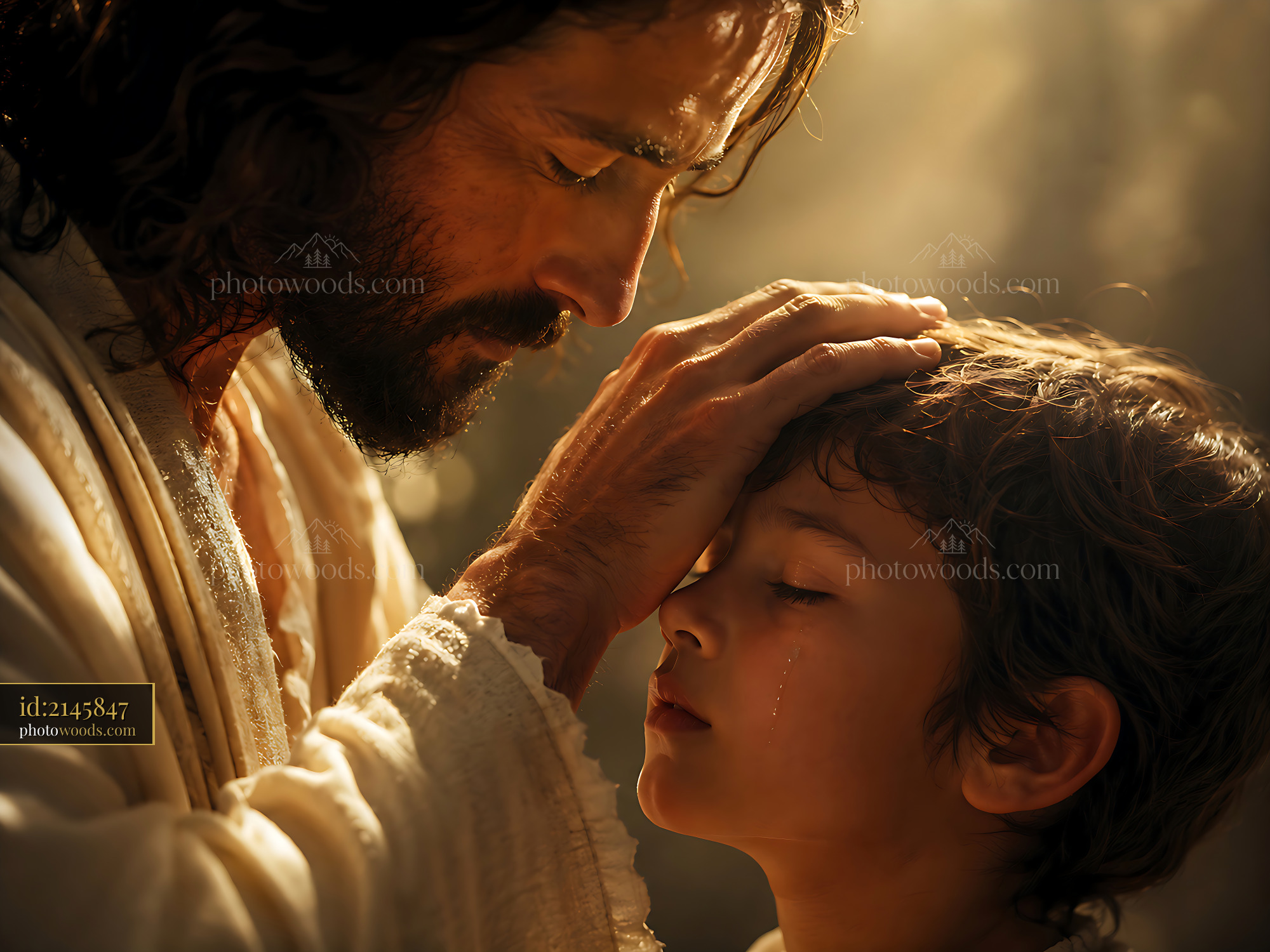 Man Touching Child's Head With Gentle Expression in a Warm Light