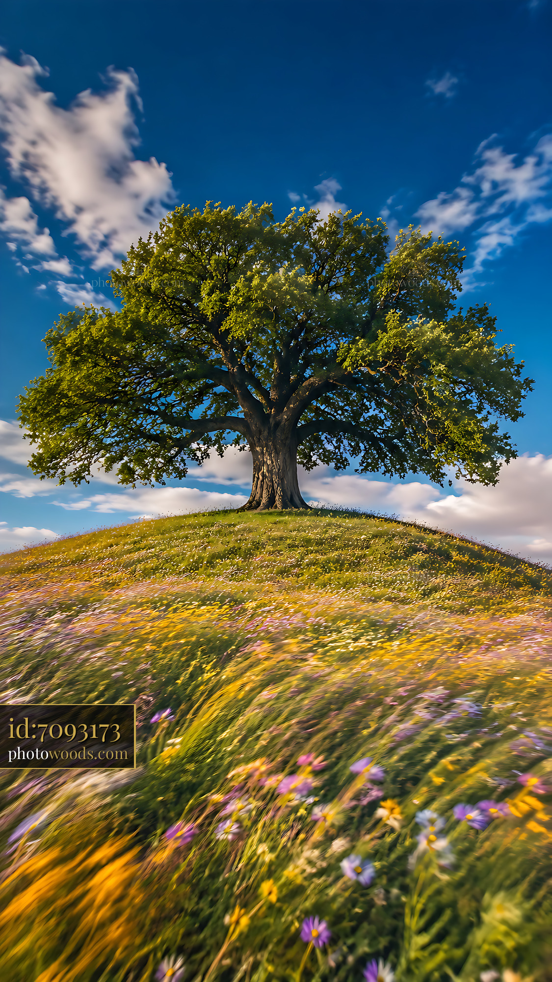 Oak Tree Stands Tall on a Grassy Hill Under a Blue Sky