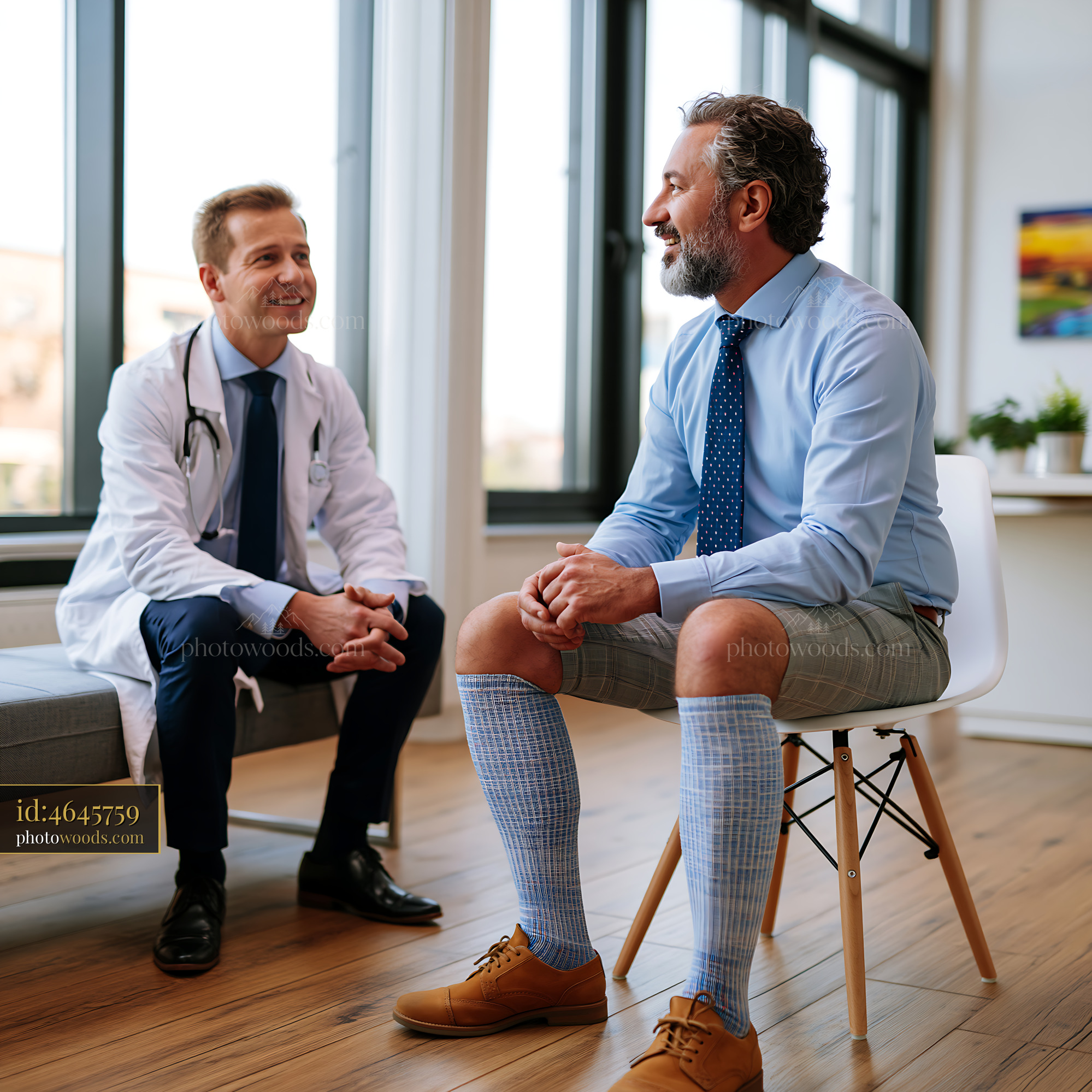 Office Worker With Compression Stockings Talking to Doctor in Office