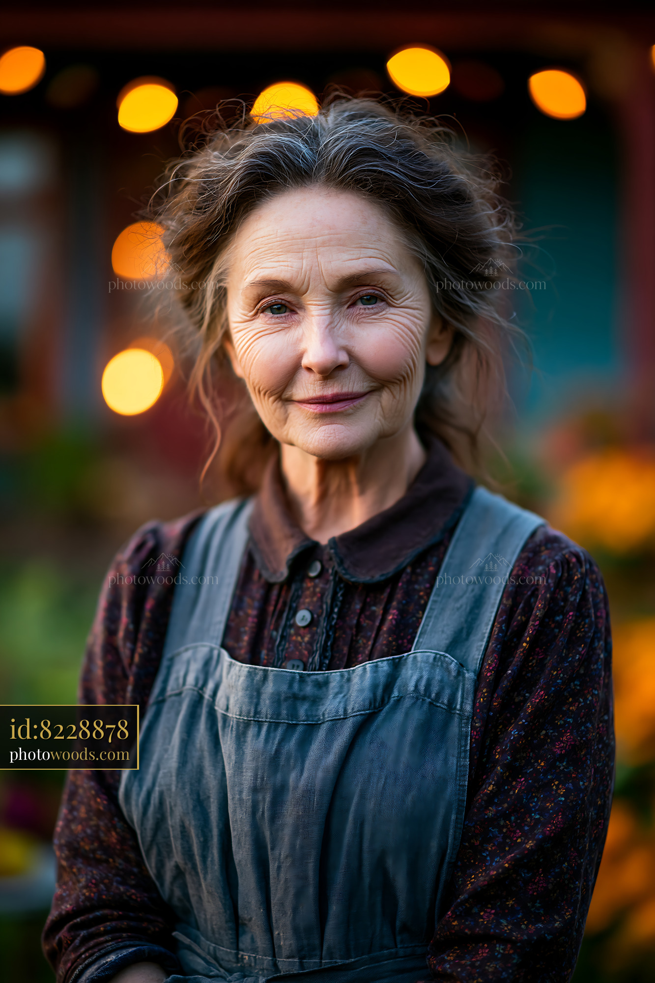 Elderly Woman Stands With Warm Lights Shining in the Background