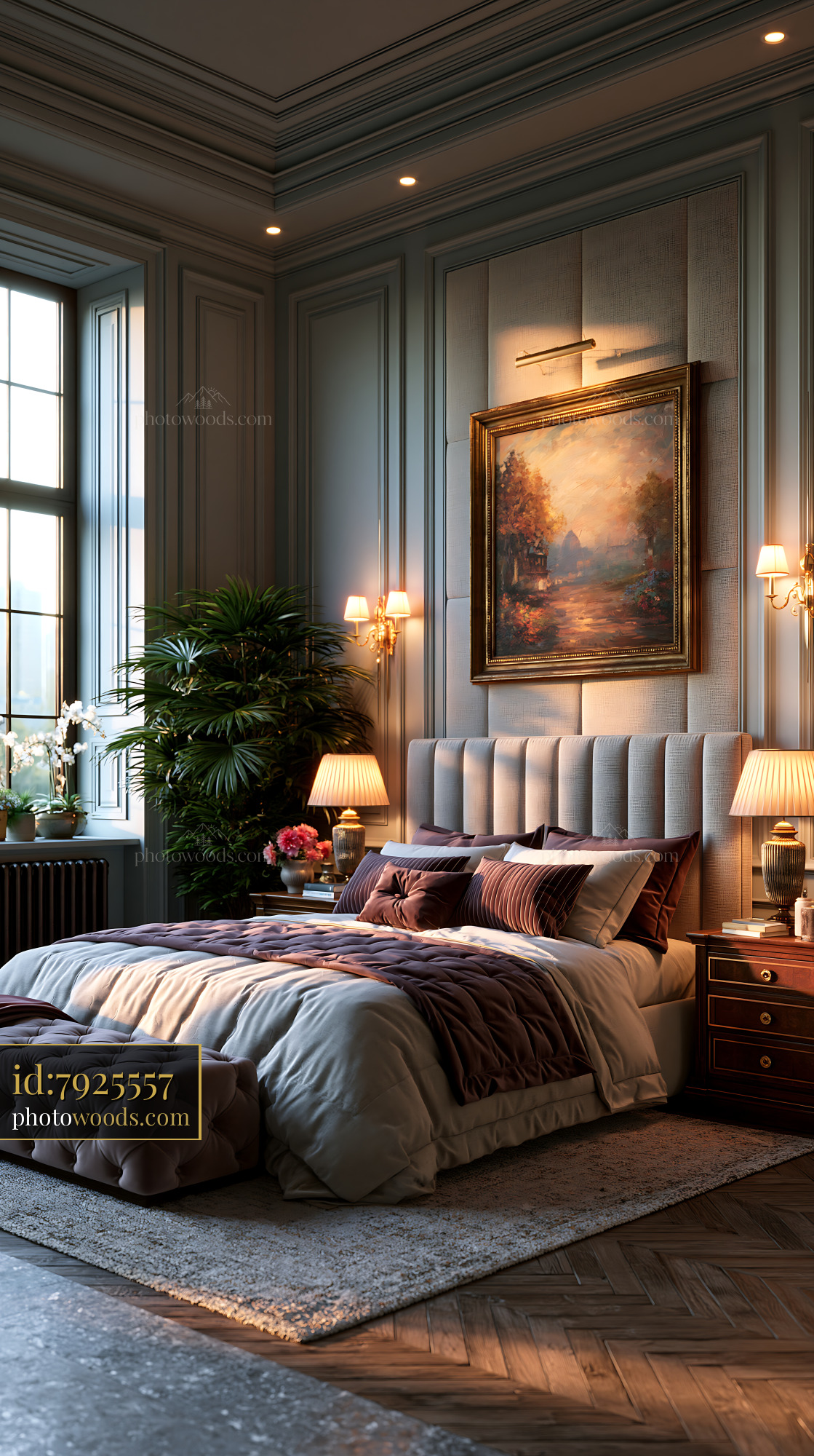 Classic Bedroom With Upholstered Walls and Artwork in Soft Light