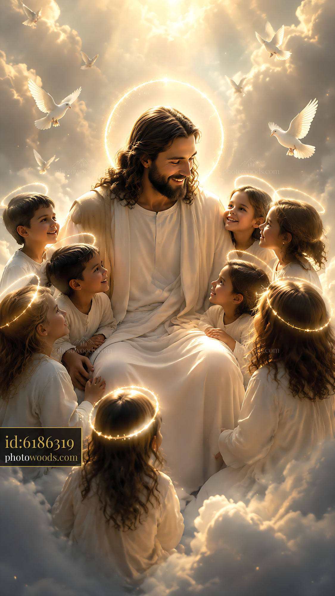 Jesus Sits Among Children in a Cloud With Doves in the Sky