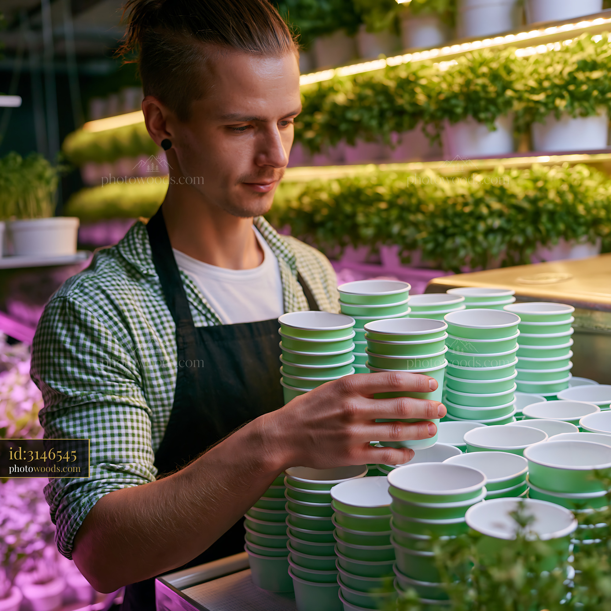 Worker in a Vertical Farm Stacking Plant Containers