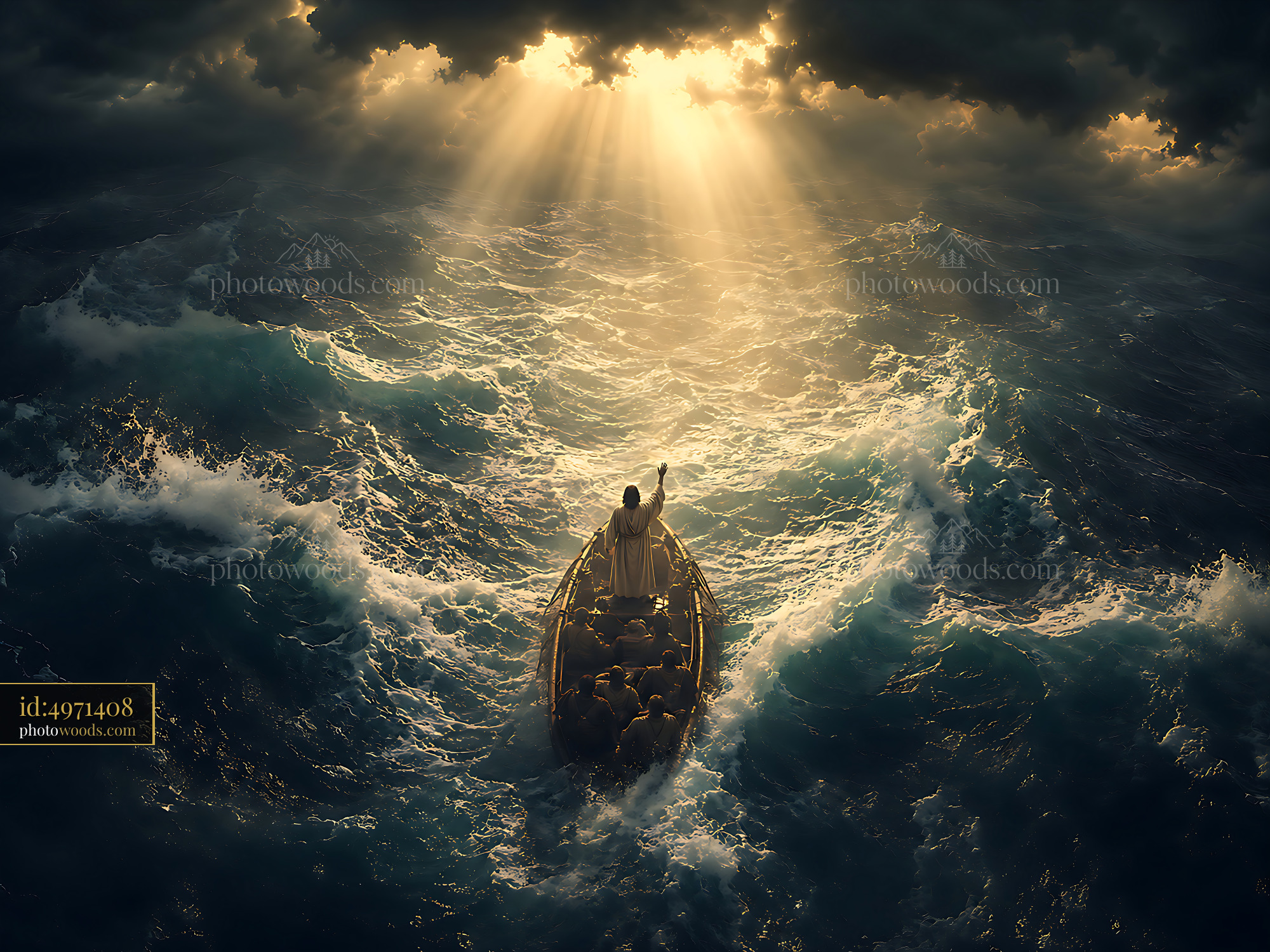 Man in a Boat Navigating Through Waves Under Cloudy Sky