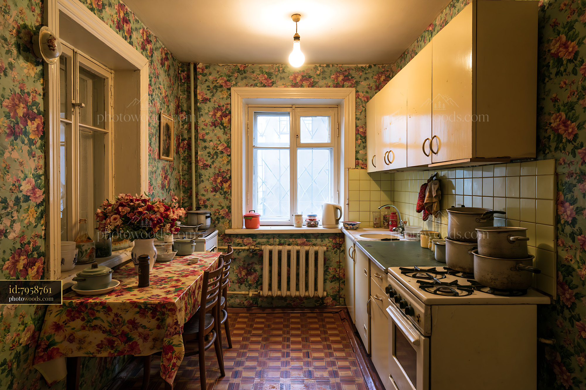 Soviet Era Kitchen With Floral Wallpaper and Cluttered Countertops