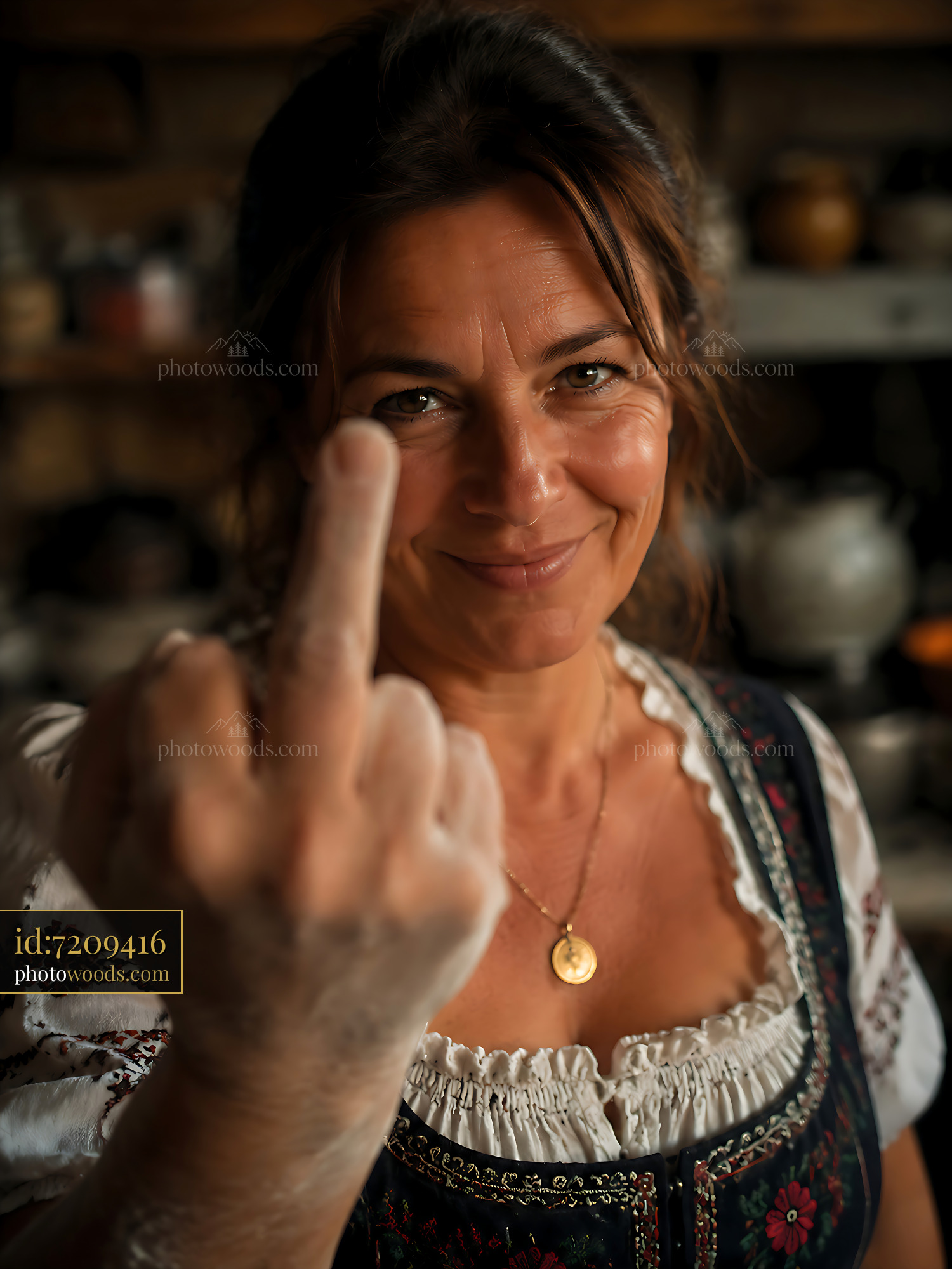 Woman Showing Hand Gesture in a Kitchen While Smiling