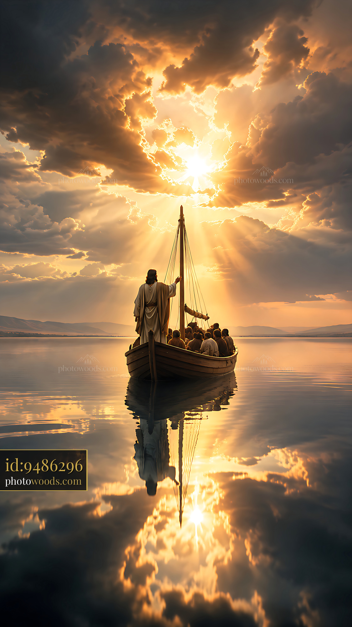 Figure Guides a Boat on Still Water Under Dramatic Sunset Sky