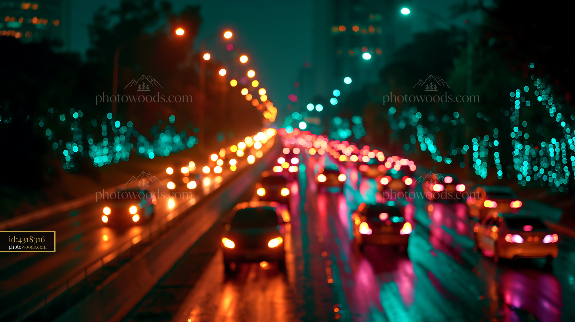 Cars Travel on Busy Road at Night With Colorful Lights Shining