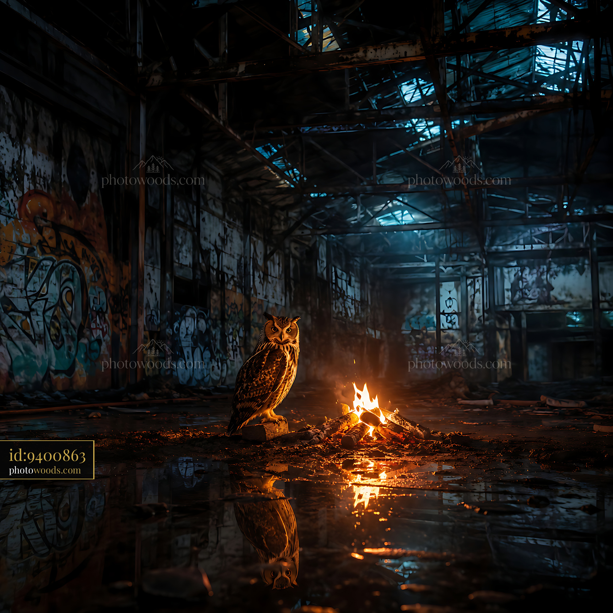 Owl Stands Next to Fire in Abandoned Industrial Building at Night