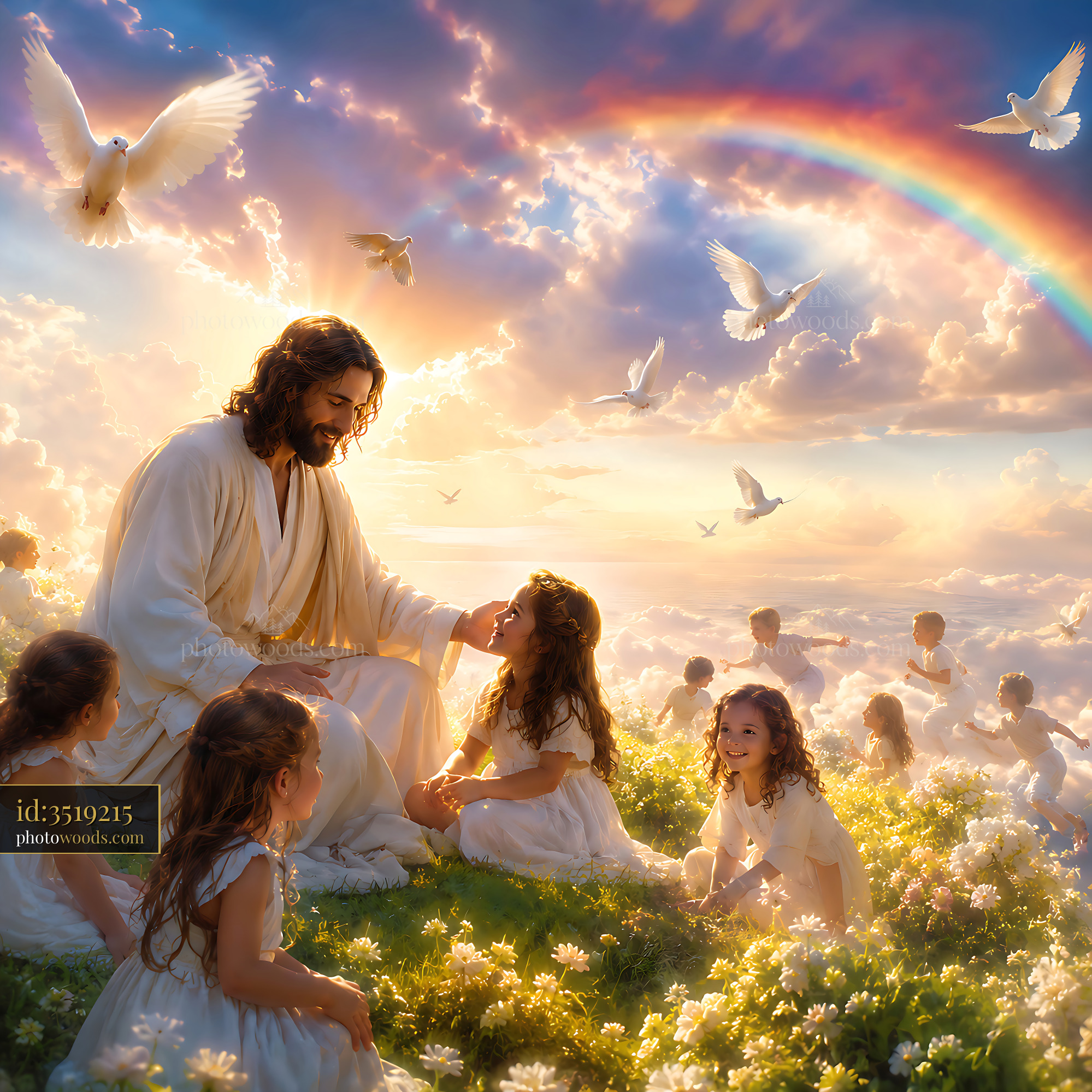 Jesus With Children in a Bright Scene With Clouds and Rainbow