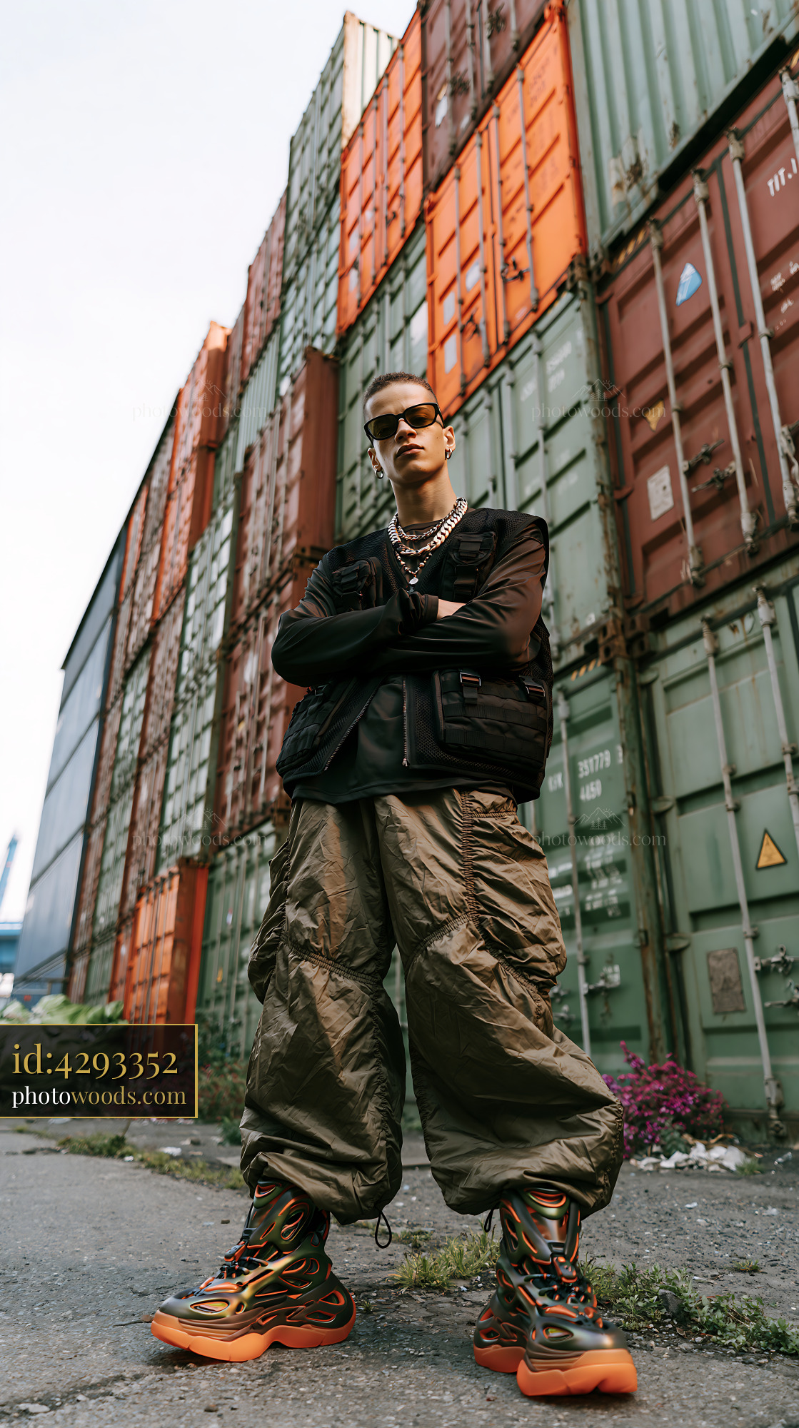 Man in Tactical Vest Poses Near Shipping Containers