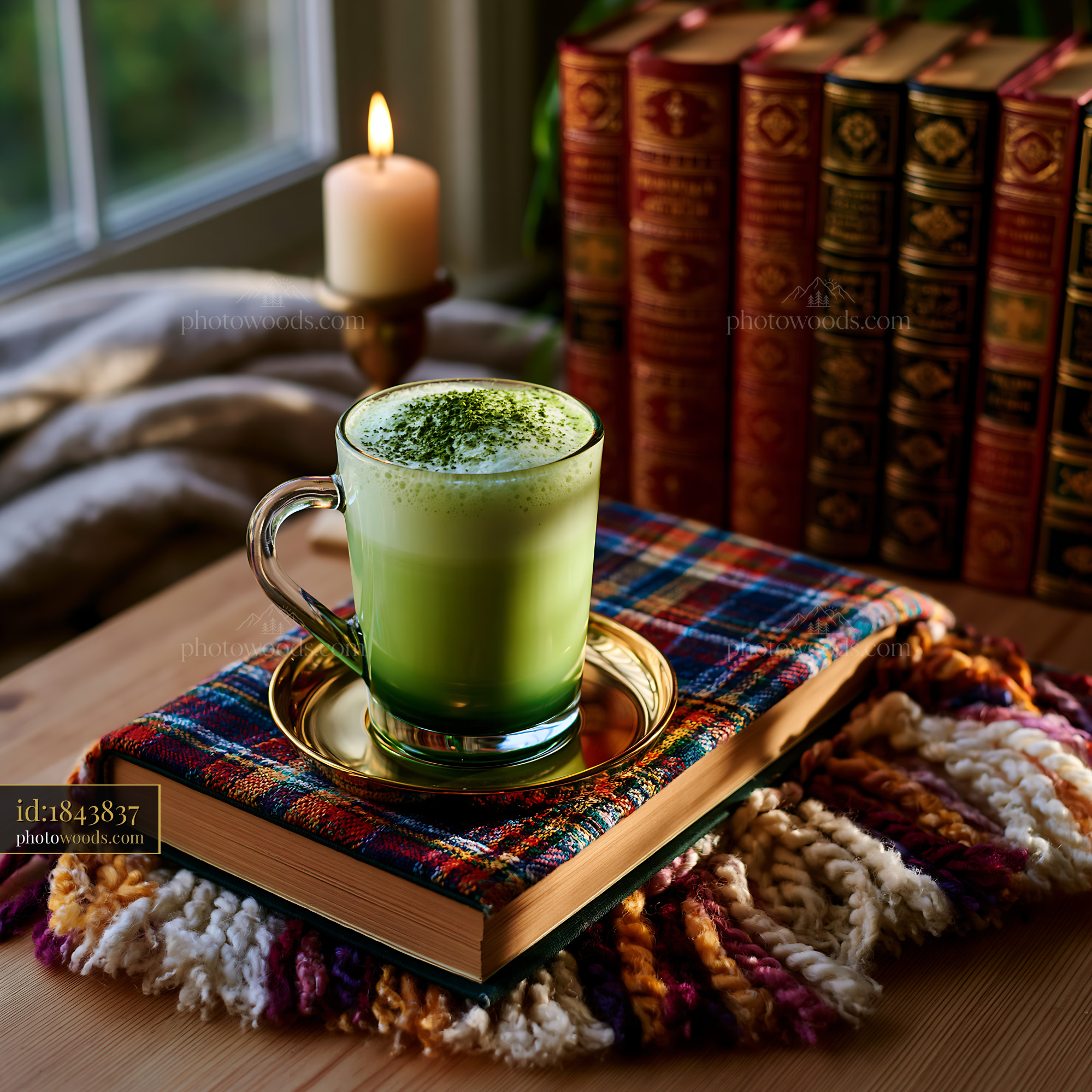 Creamy Matcha Latte on a Cozy Blanket With Books and Candlelight