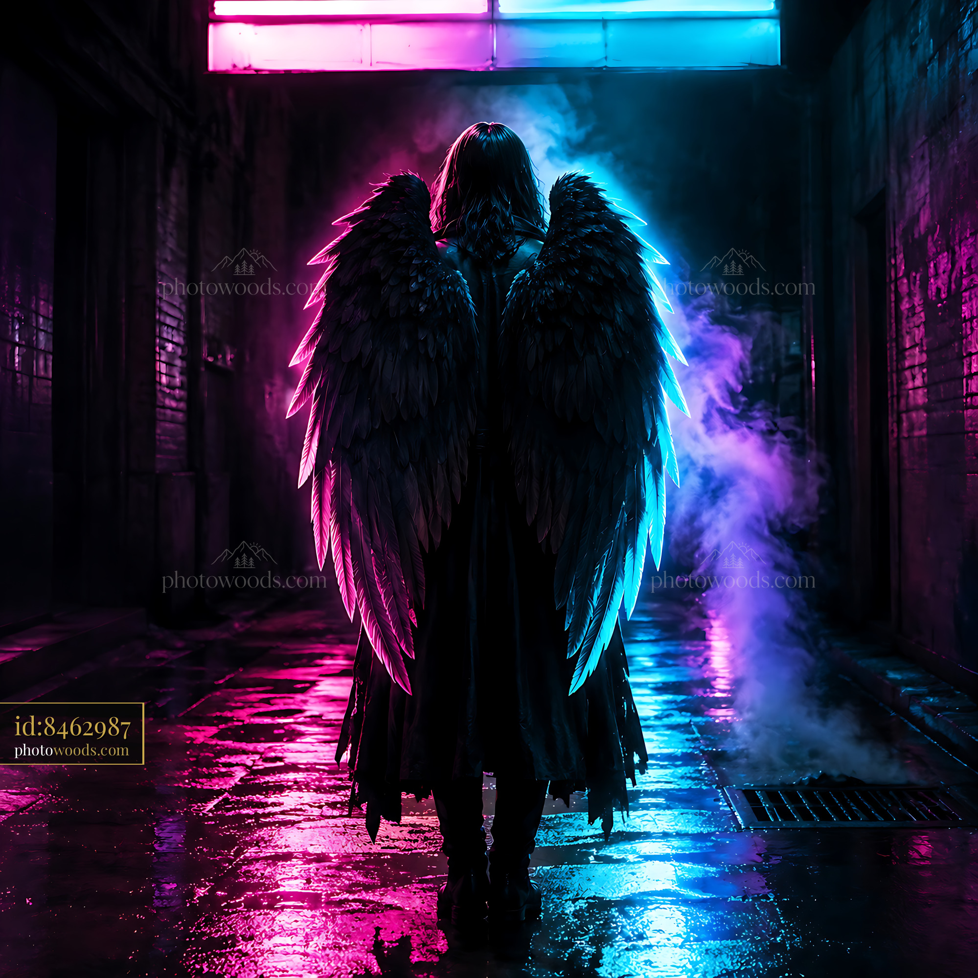 Angel Figure With Wings Standing in Colorful Light Corridor