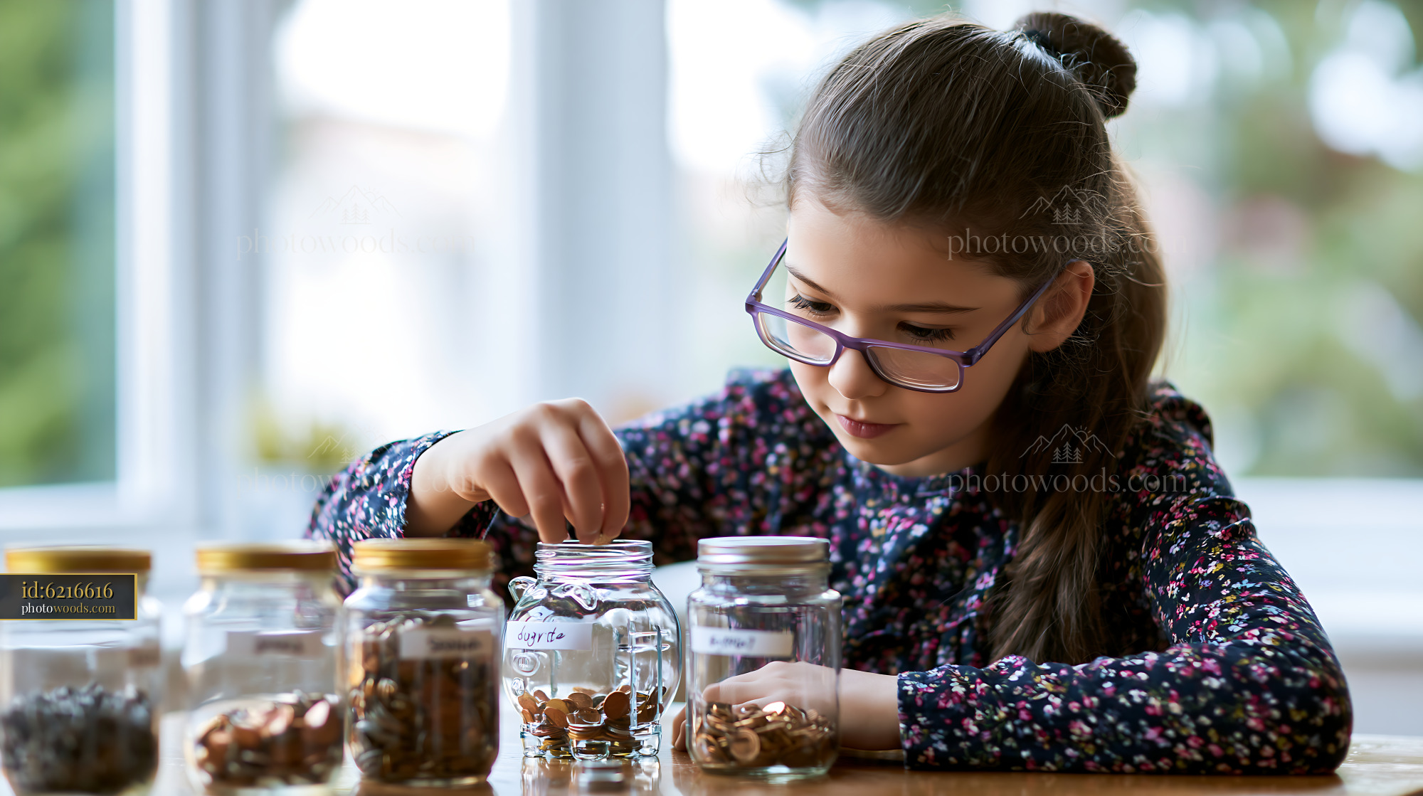 Girl Counting Coins Into Labeled Jars at Home in Winter