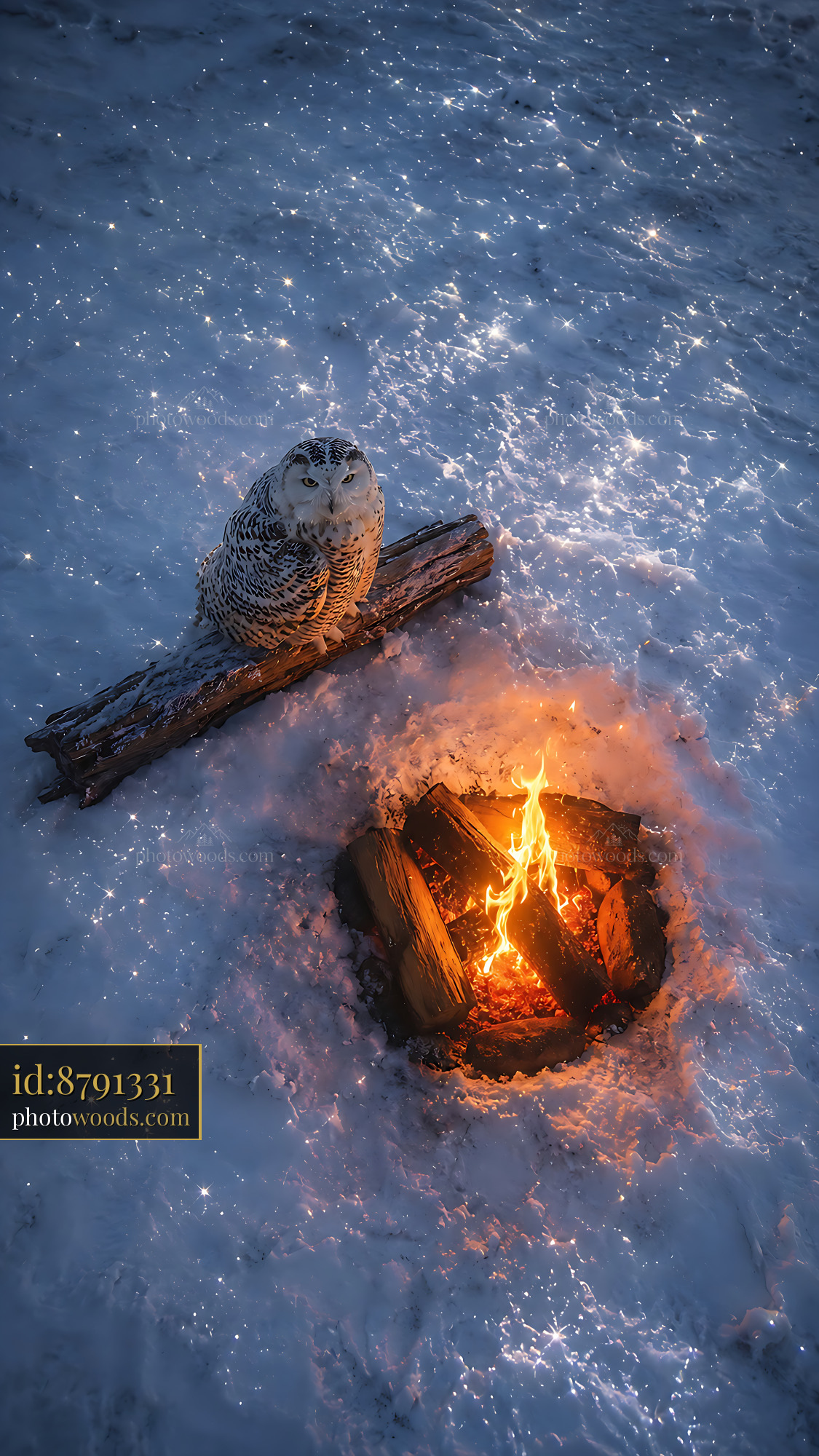 Owl Sits by a Warm Fire in the Snow at Night