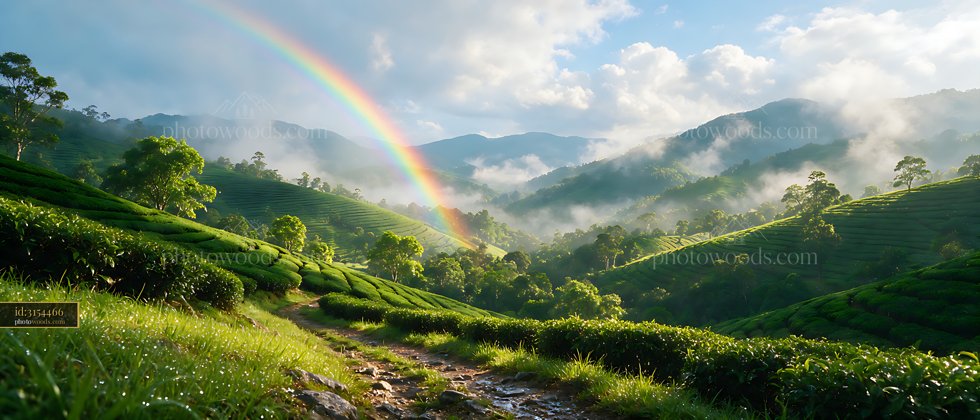 Tea plantation in a misty mountain valley with rainbow