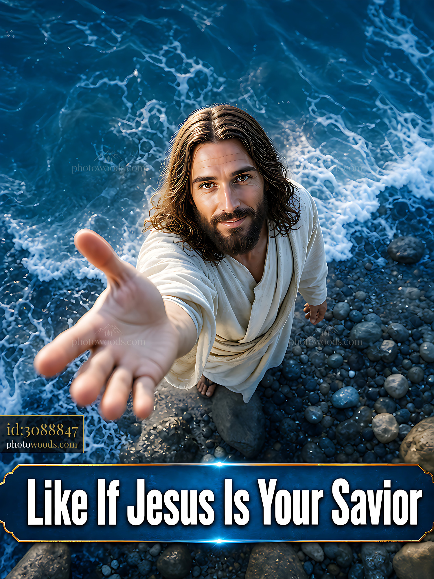 Jesus Offers Help With Hand Extended Over Water at the Shore