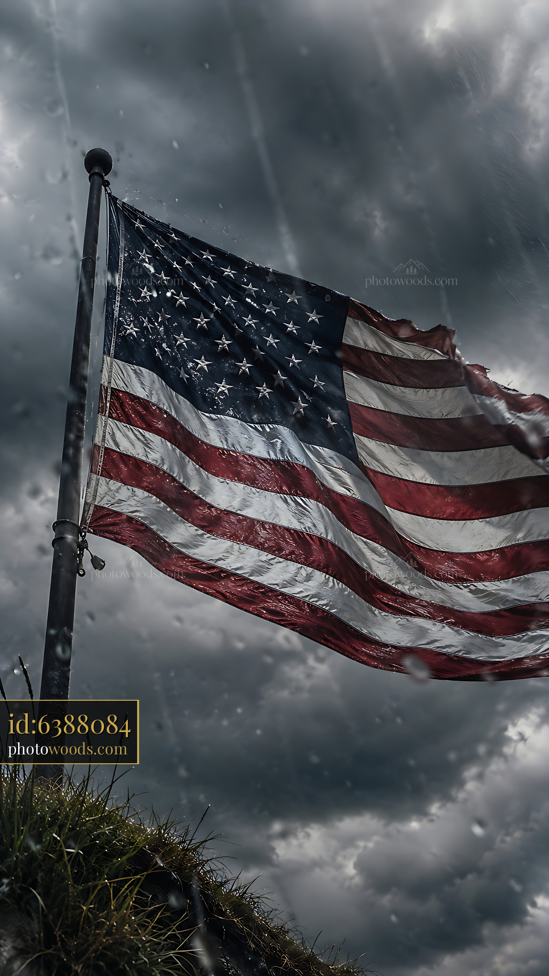 American Flag Waving Against Dark Stormy Sky With Rain