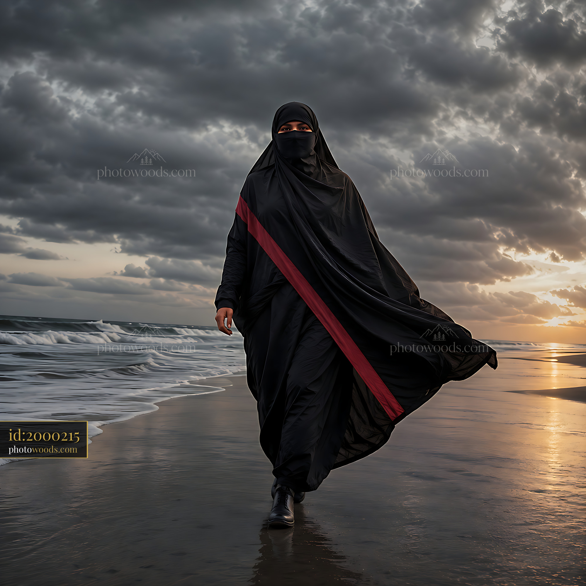 Woman Walks on Beach at Sunset Wearing Black Clothing With Red Stripe