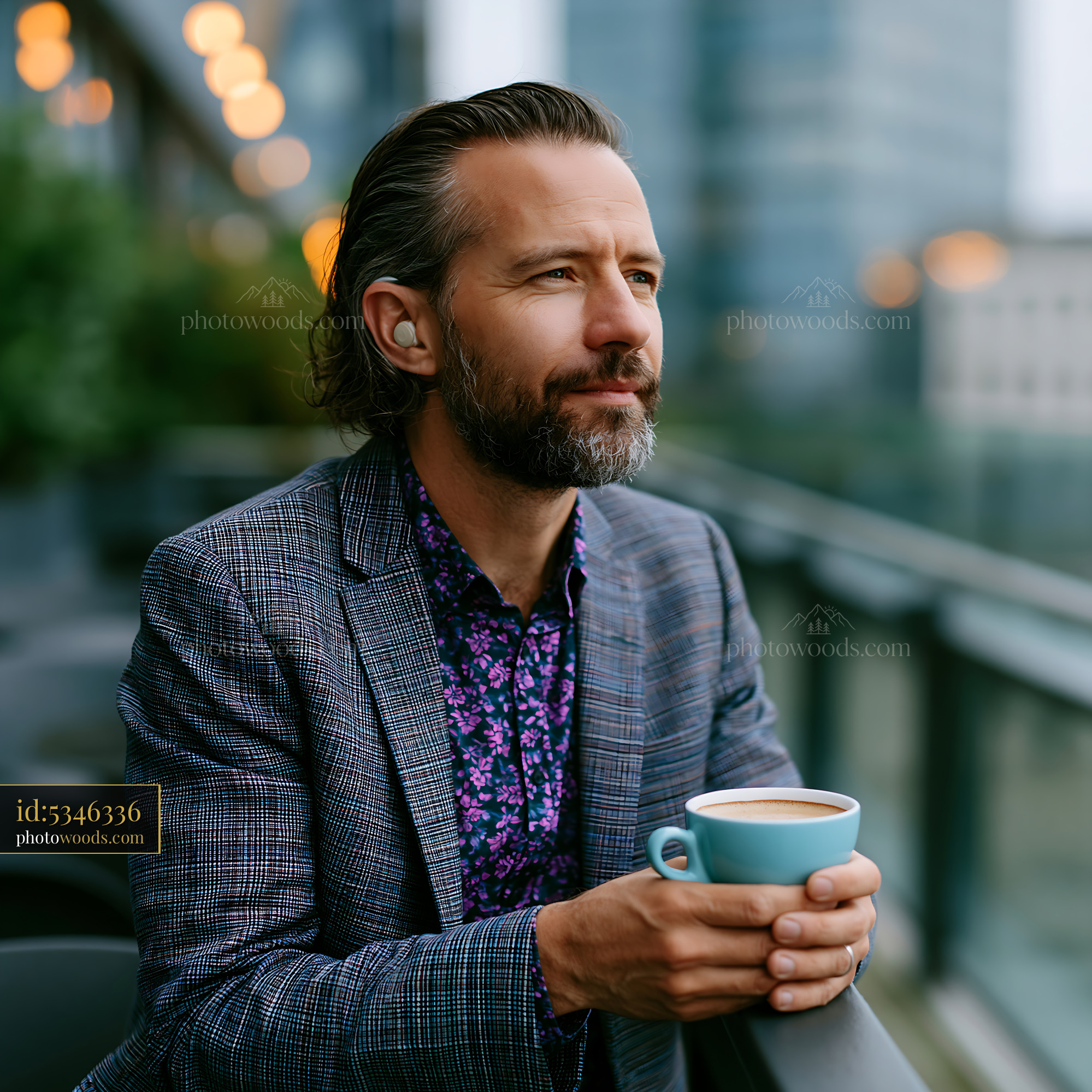 Software Developer With Hearing Aid Enjoying Coffee in Urban Setting