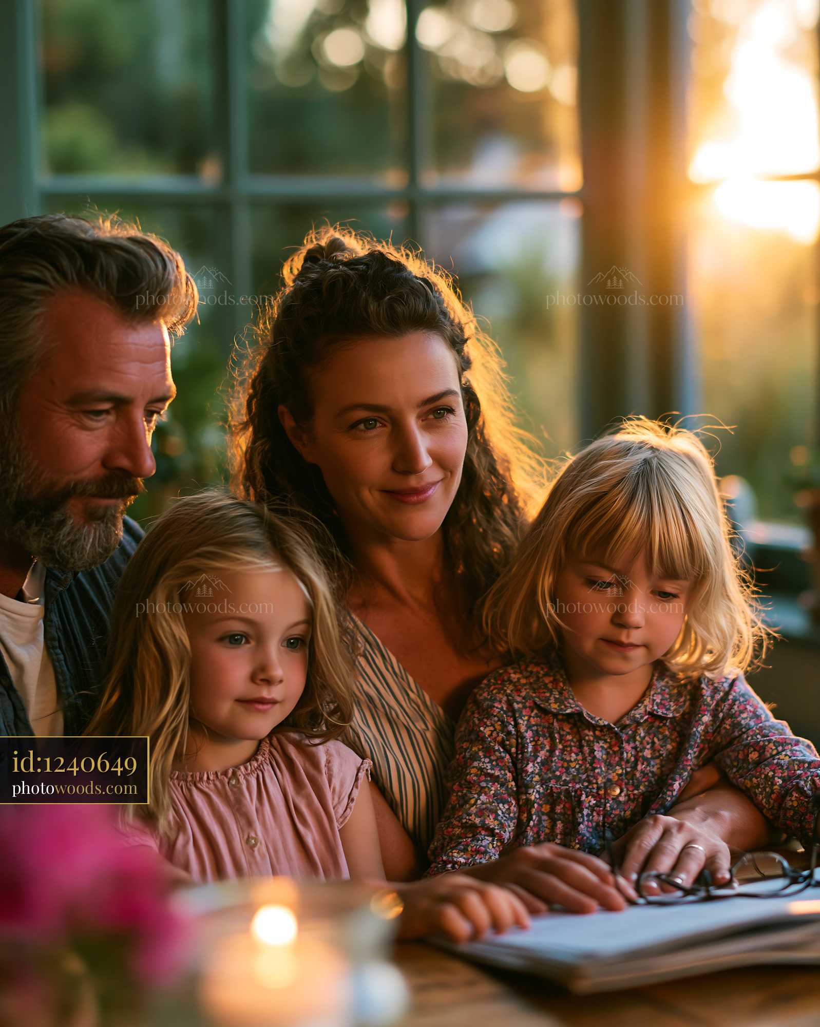 Family Reviewing Insurance Offers During Golden Hour Sunset