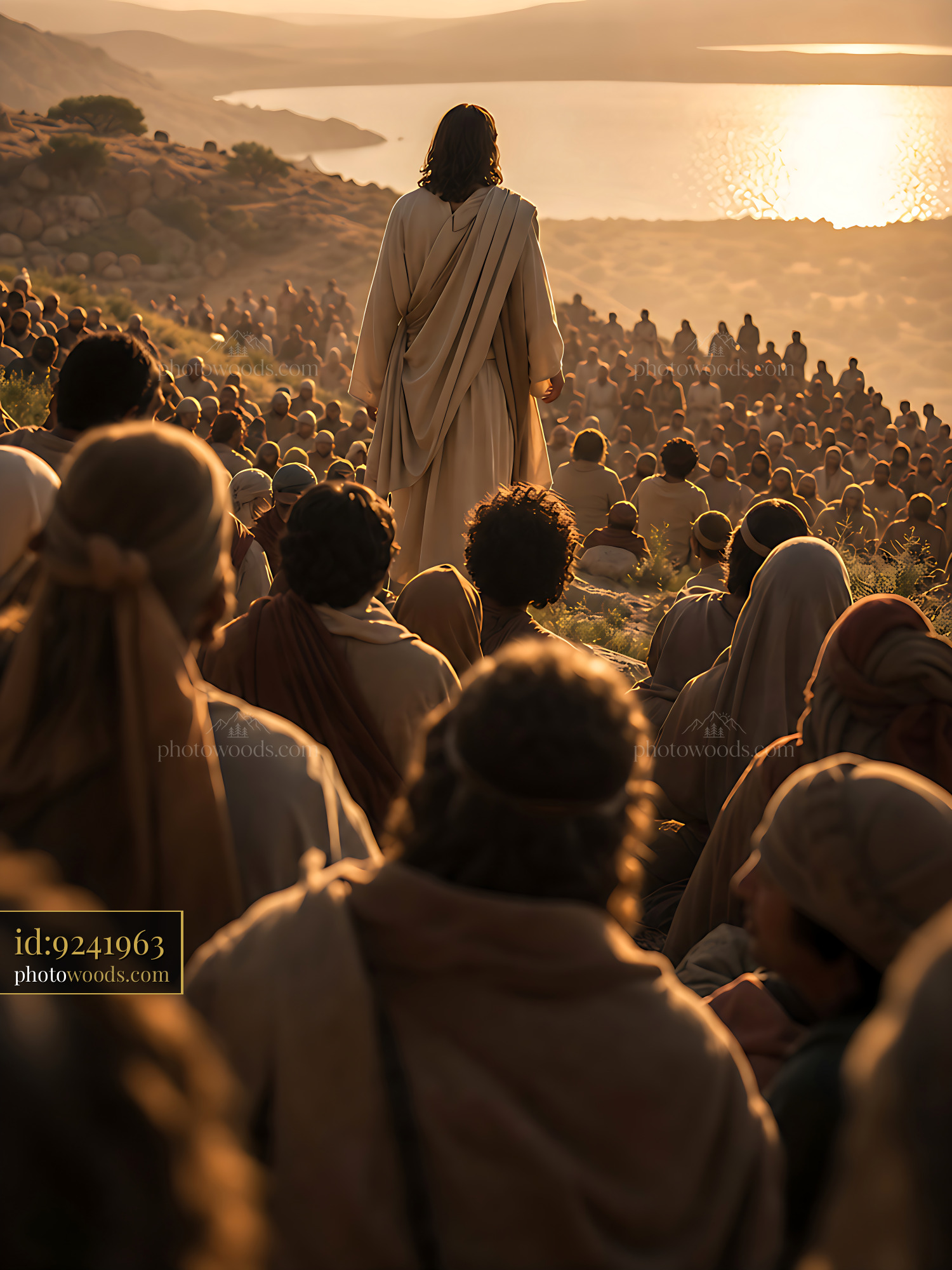 Man Speaks to Large Crowd on Hillside Near Water at Sunset