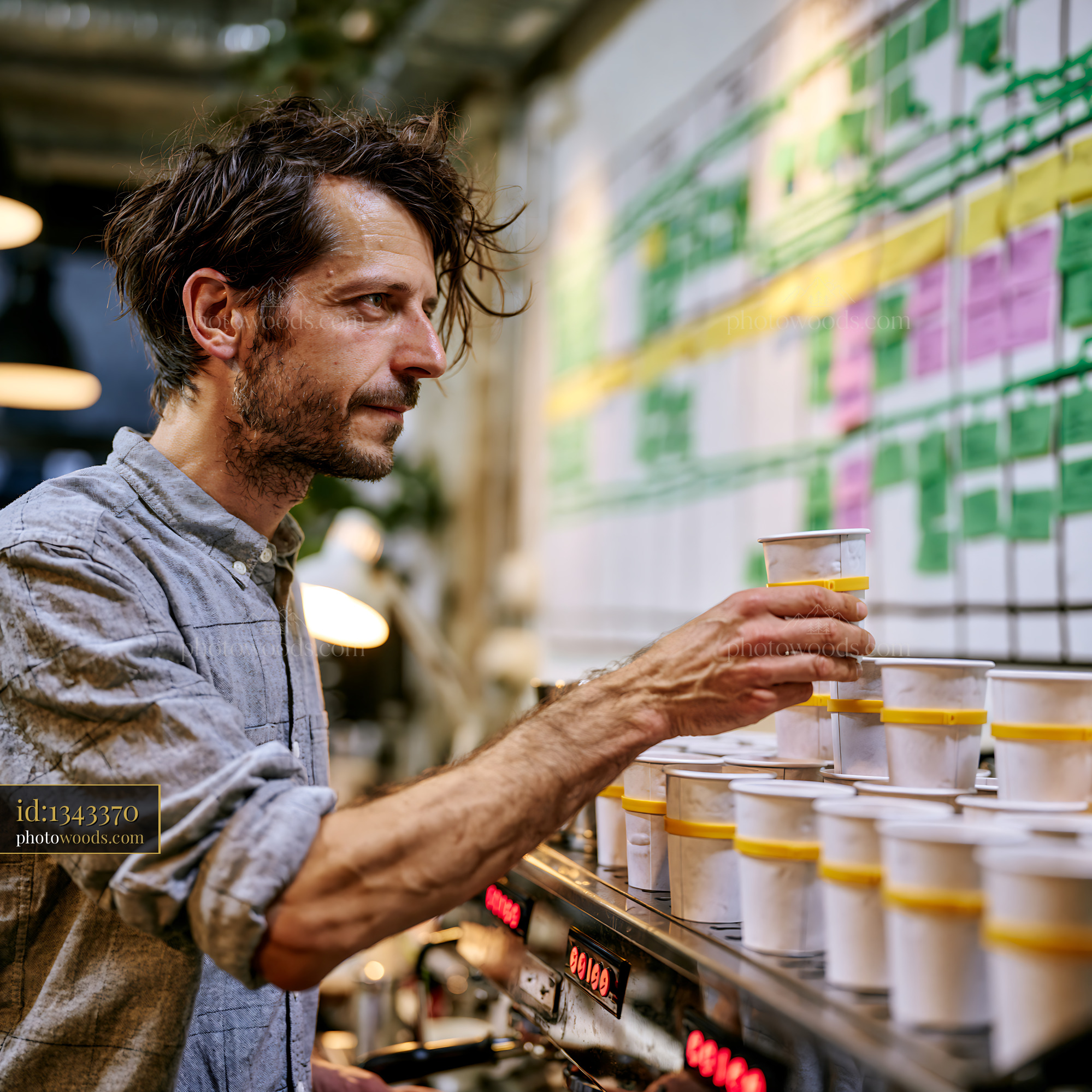 Barista Handling Reusable Deposit Cups in a Coffee Shop Setting