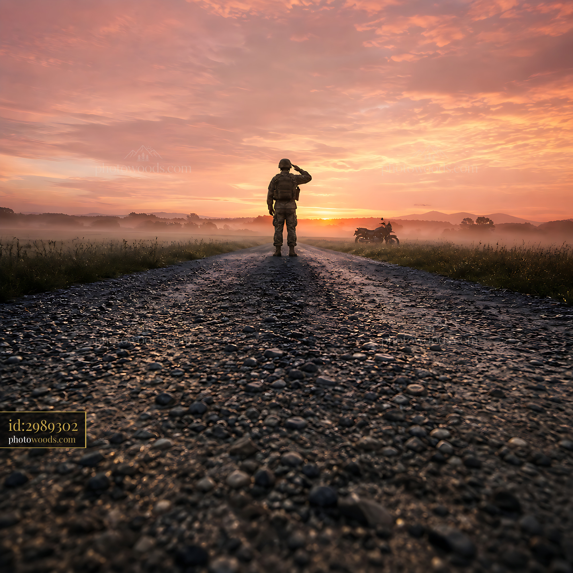 Soldier Salutes at Sunrise on Gravel Road With Motorcycle Nearby