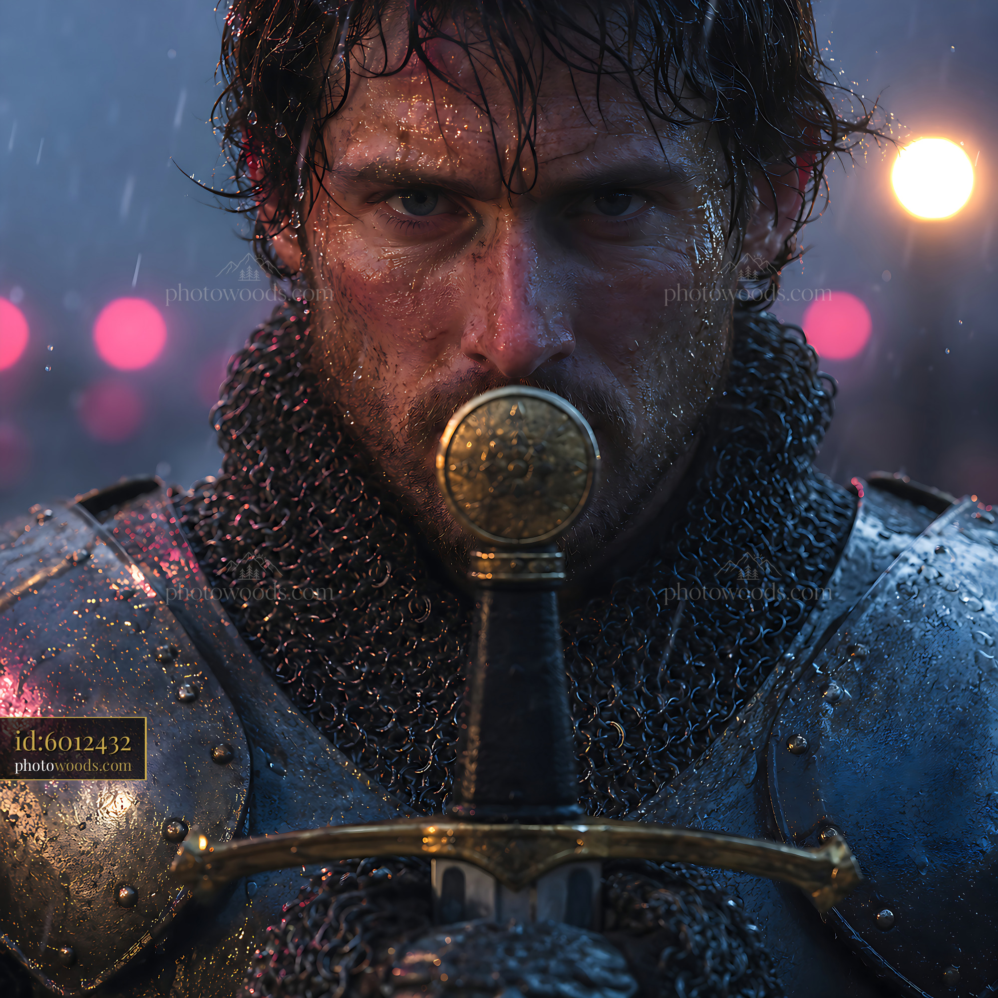 Warrior Holds Sword During Rain With Determined Expression and Focus