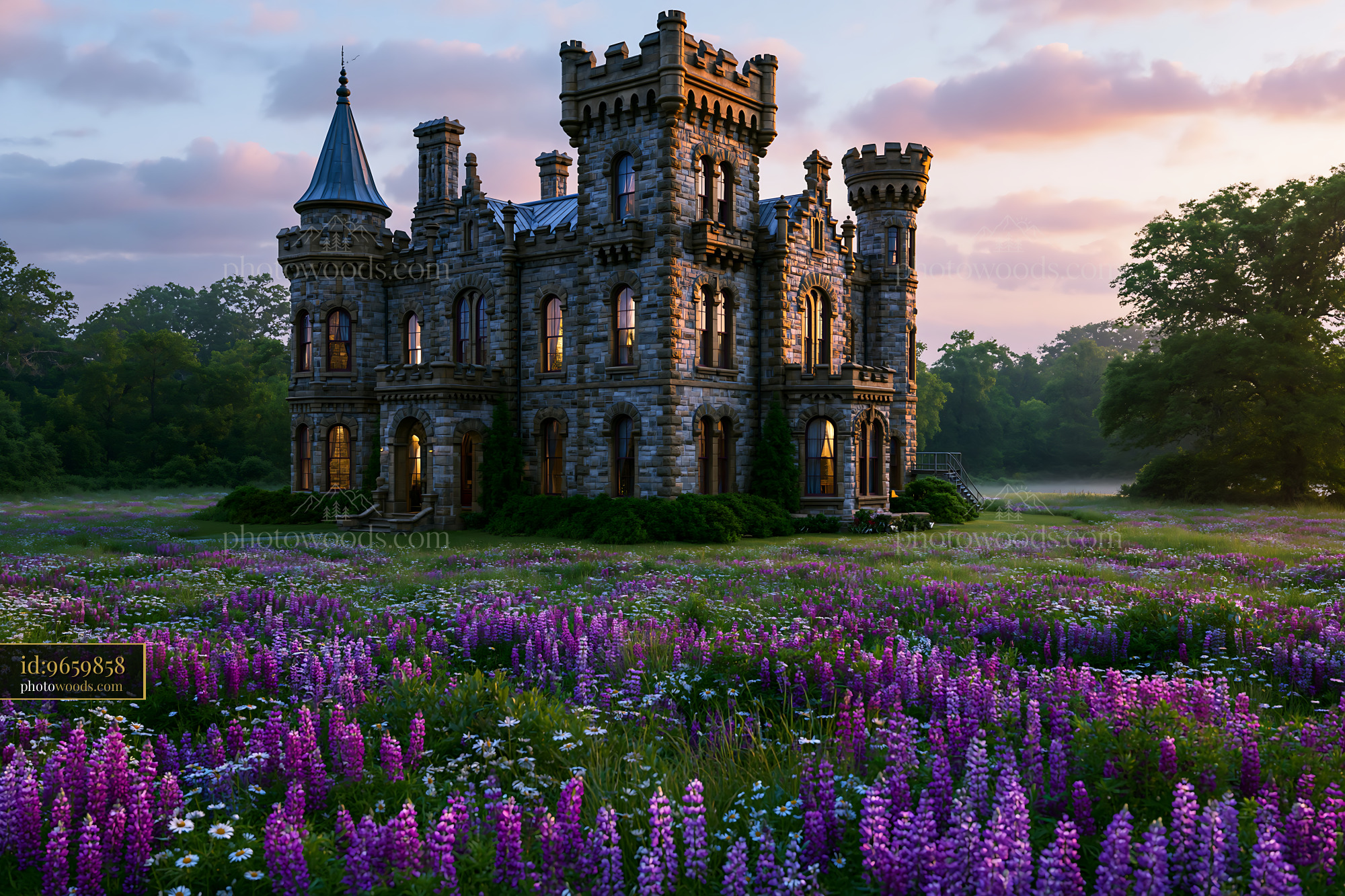 Mansion Surrounded by Blooming Lupine Flowers in Sunset Light