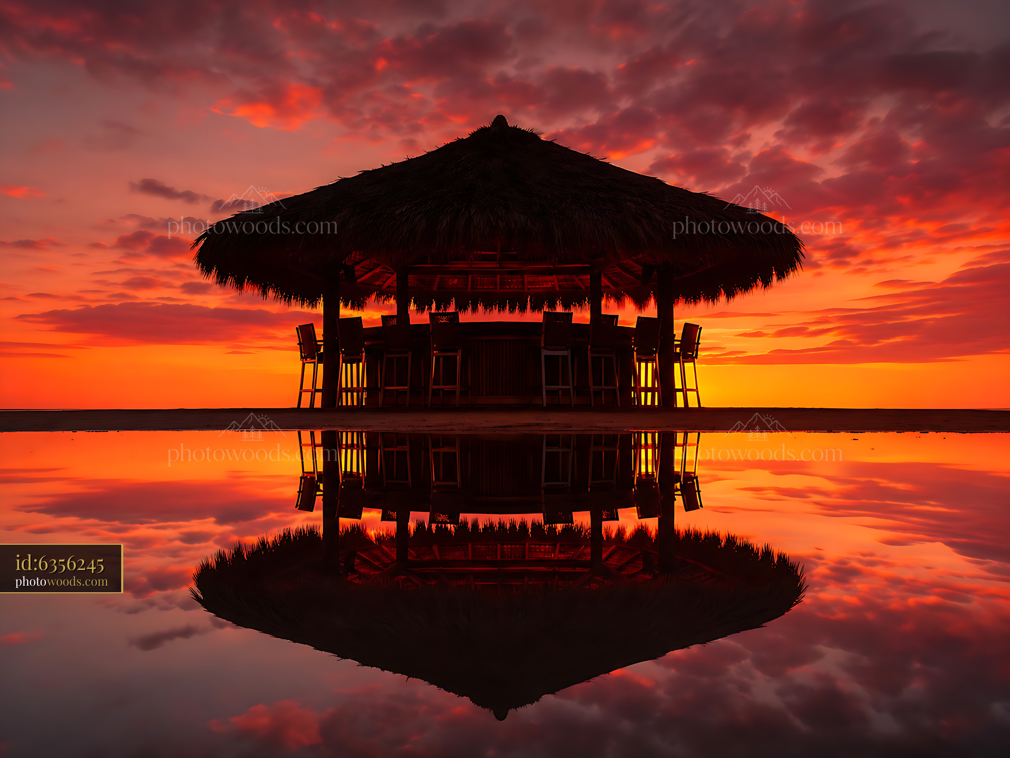 Beach Hut Silhouette Reflects on Water During Sunset