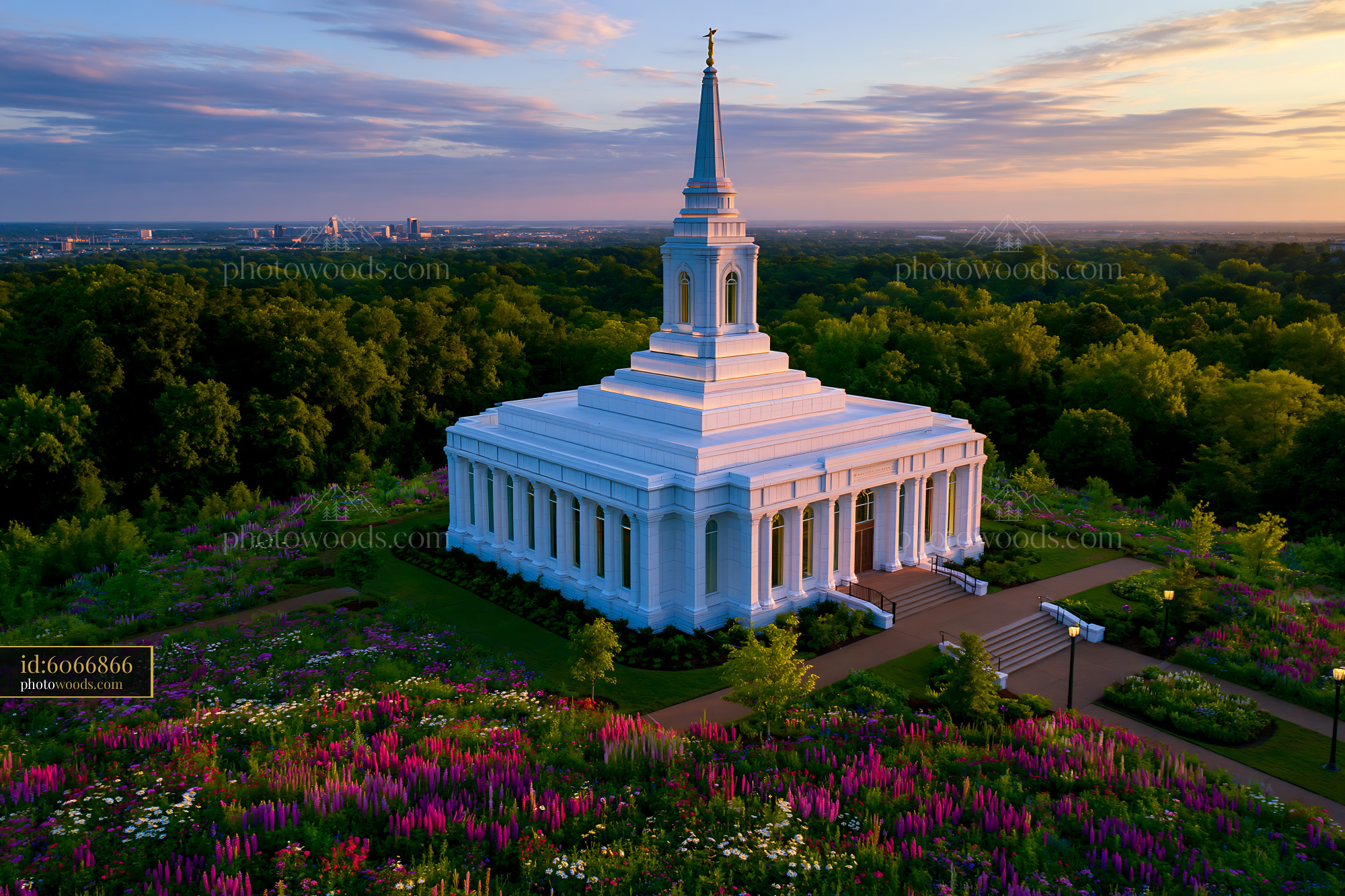 Memphis Temple in Sunset With Blooming Flowers Surrounding