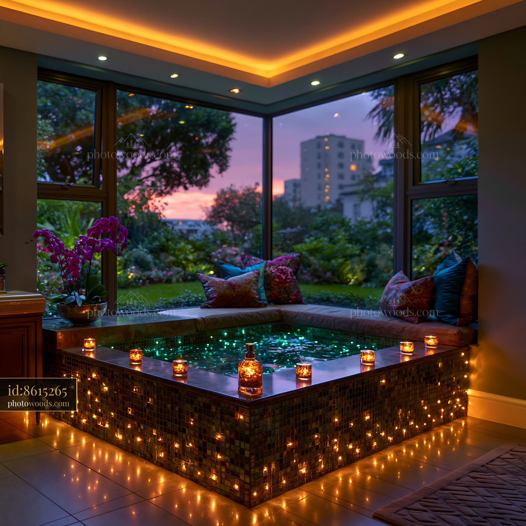 Garden View Bathroom With Jacuzzi and Sunset Ambiance