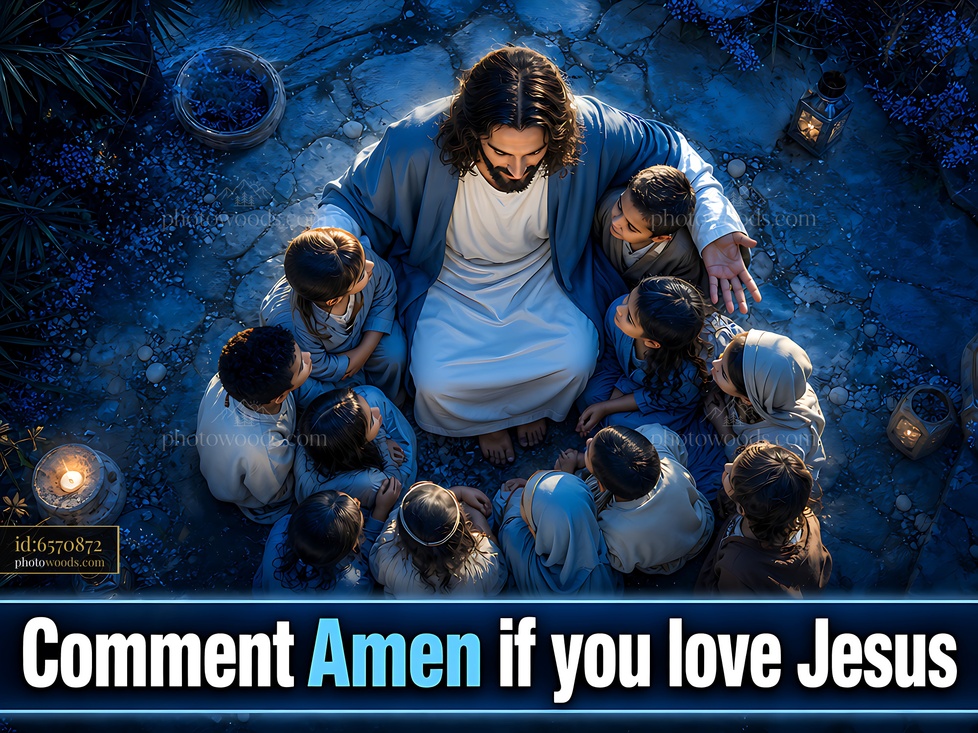 Jesus Sits With Children in a Nighttime Gathering Around Lanterns