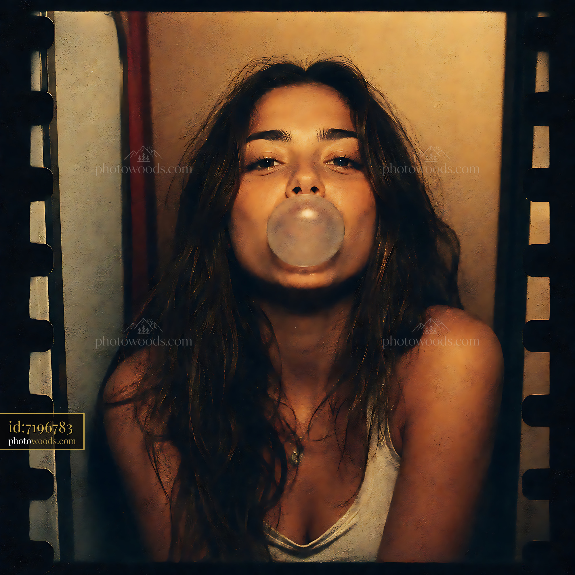 Woman Blowing Bubble Gum, Sitting in Casual Indoor Space