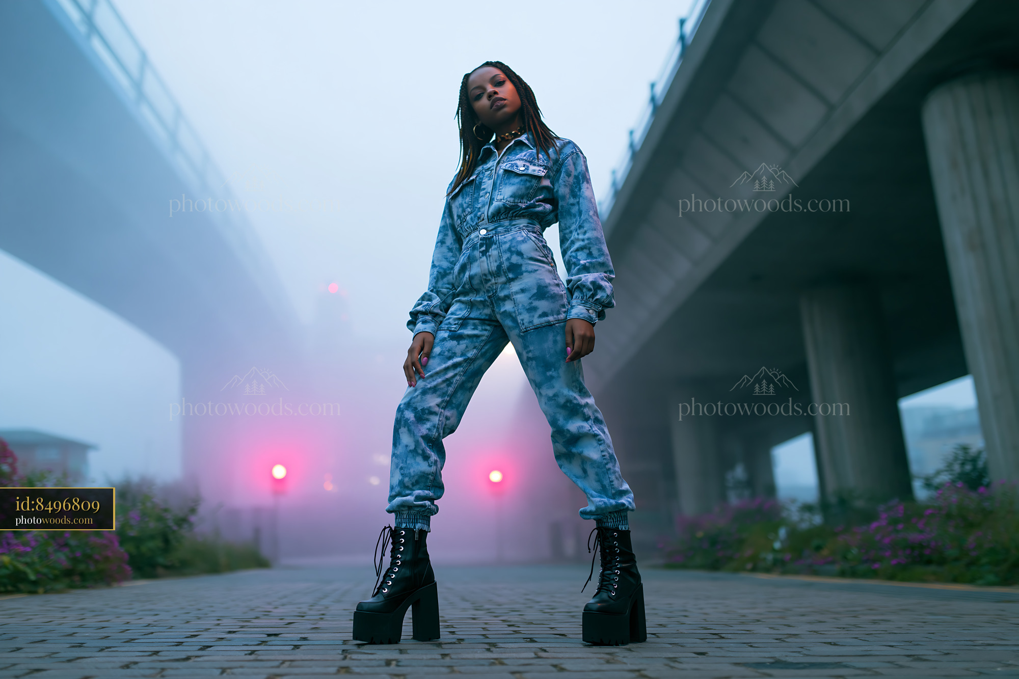 Model With Braided Hair in Acid Wash Outfit Standing Under Bridge