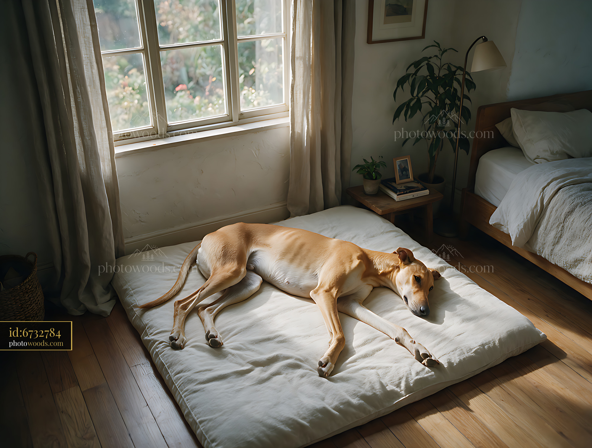 Sighthound resting on a bed in a sunlit bedroom