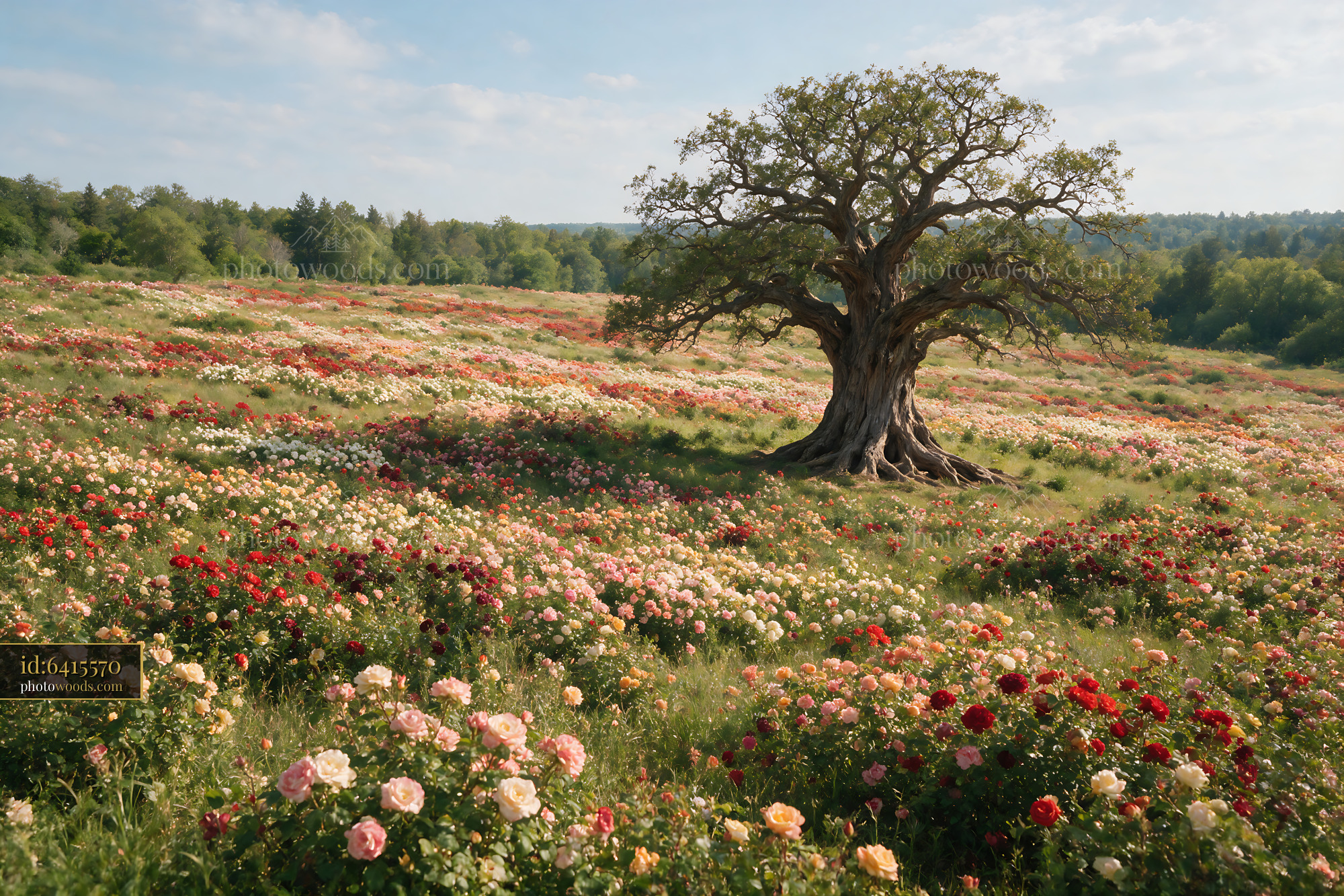 Flowering Roses With Large Tree in Natural Field Setting