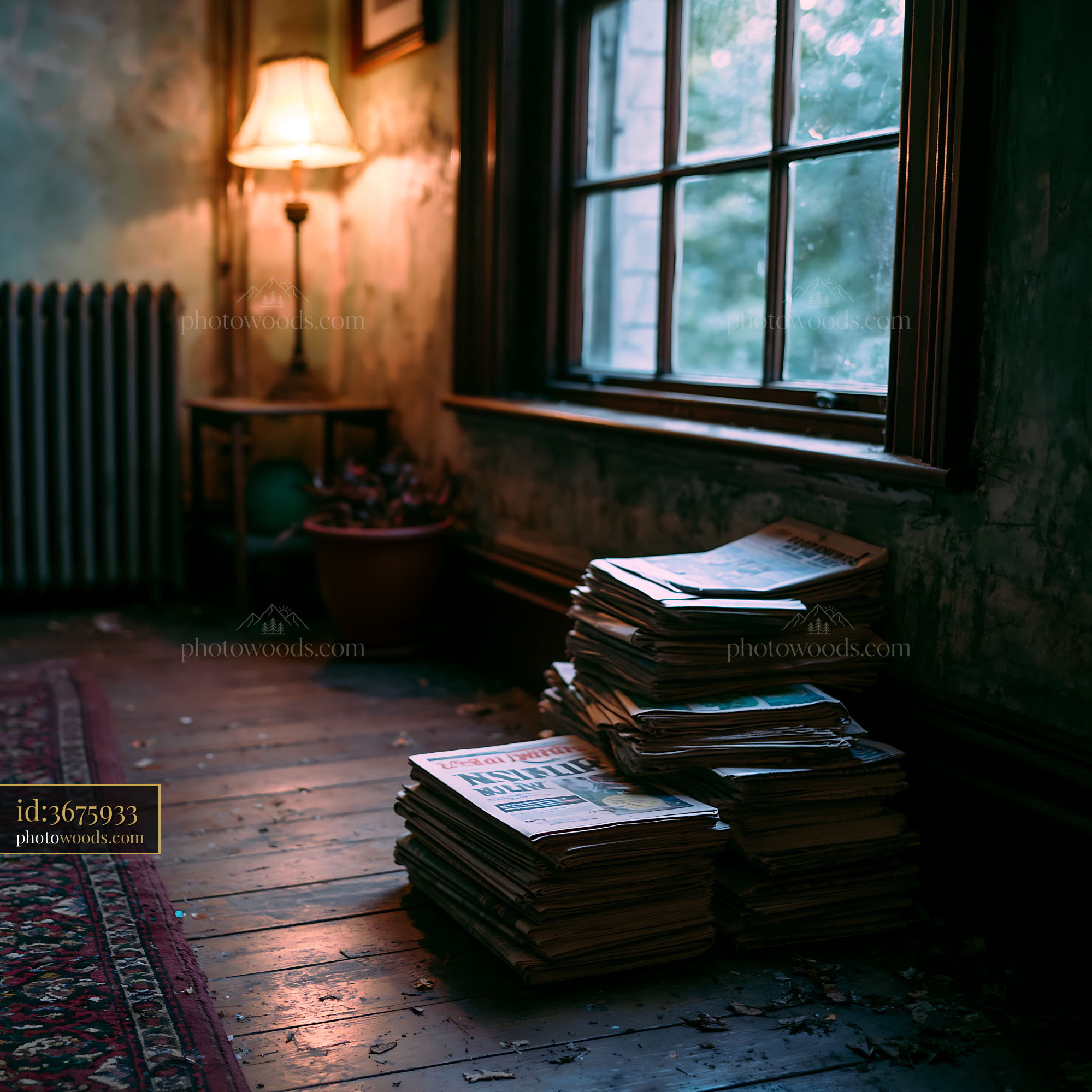 Old Newspapers Piled on Damp Wooden Floor in Living Room