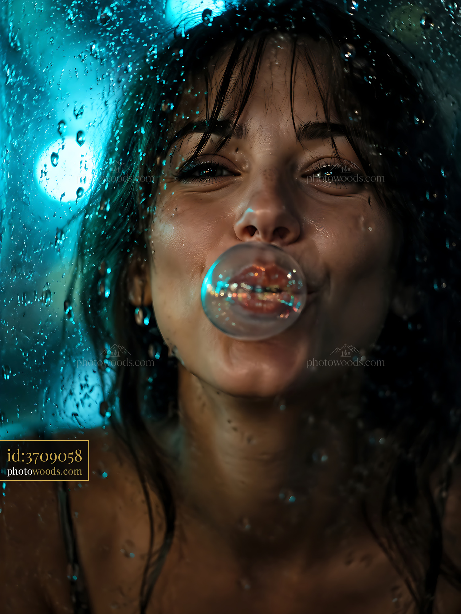 Woman Blowing Bubble Gum While Smiling Behind a Wet Window