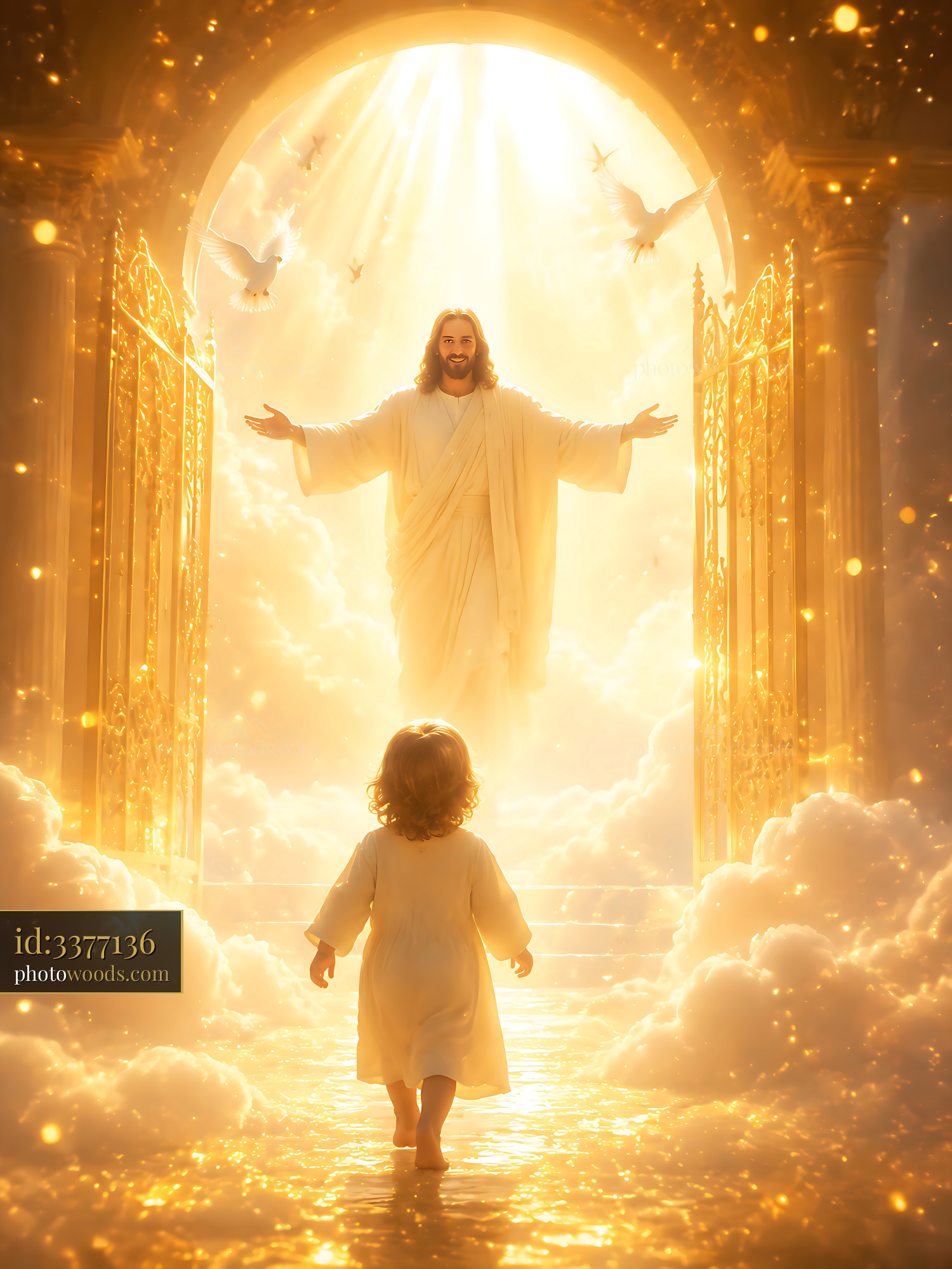 Child Walks Towards Figure in Bright Light at Open Gates