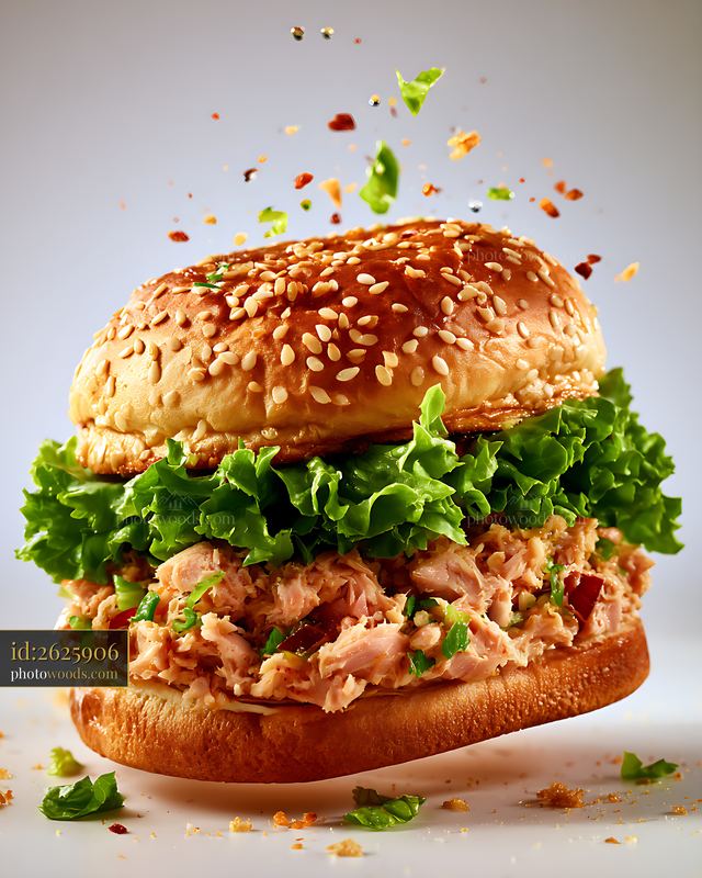 Tuna salad sandwich with lettuce and sesame bun