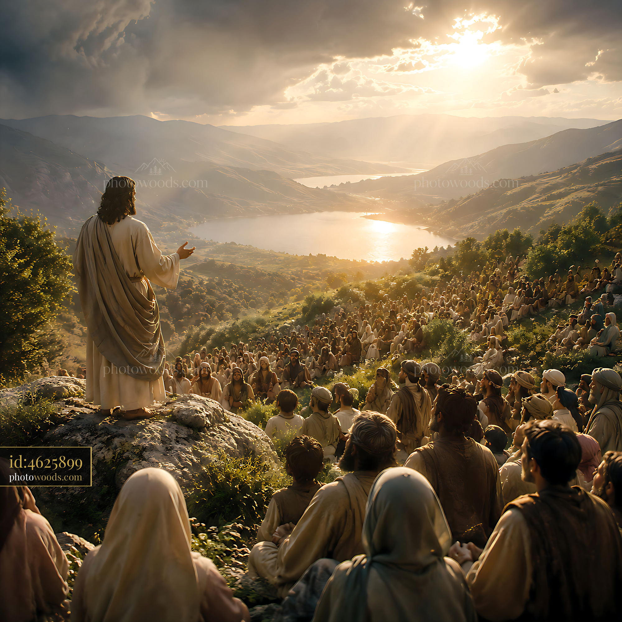 Jesus Speaks to a Crowd on a Hillside at Sunset