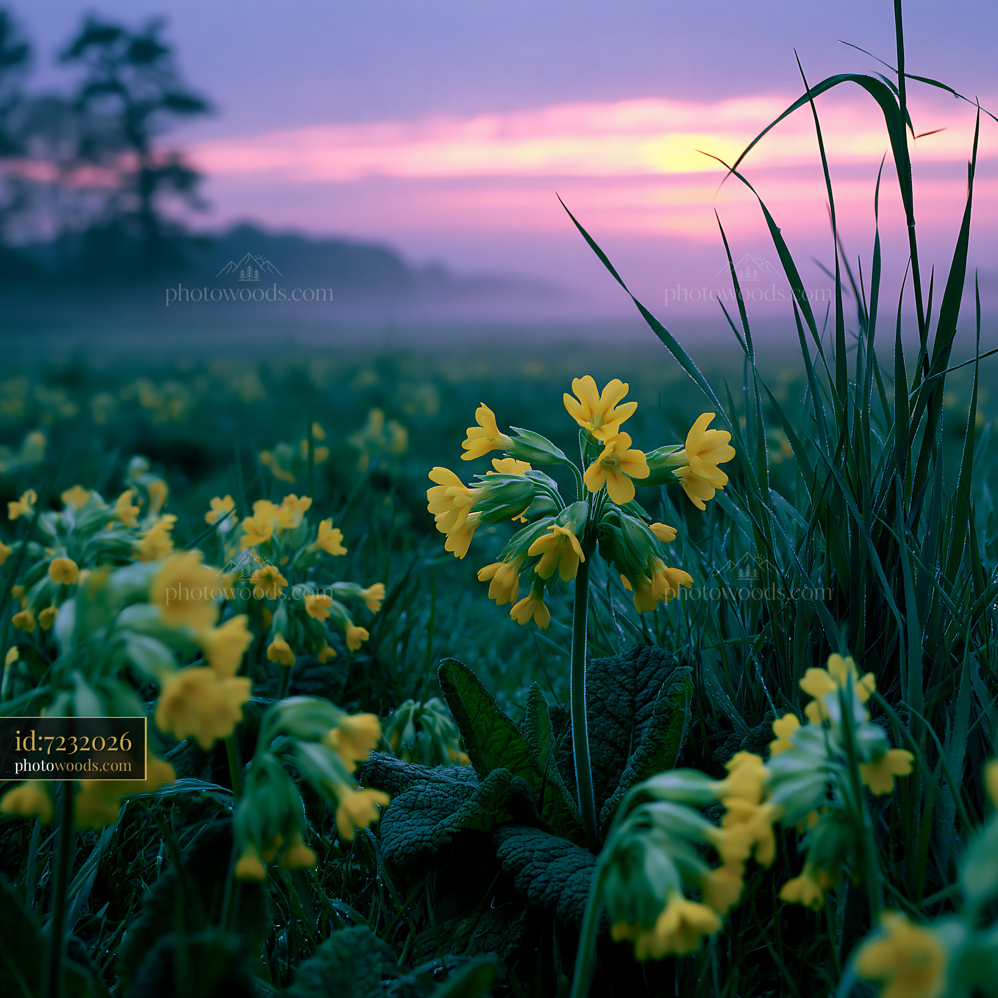 Cowslip, Primula Veris, Blooming in Meadow at Dawn